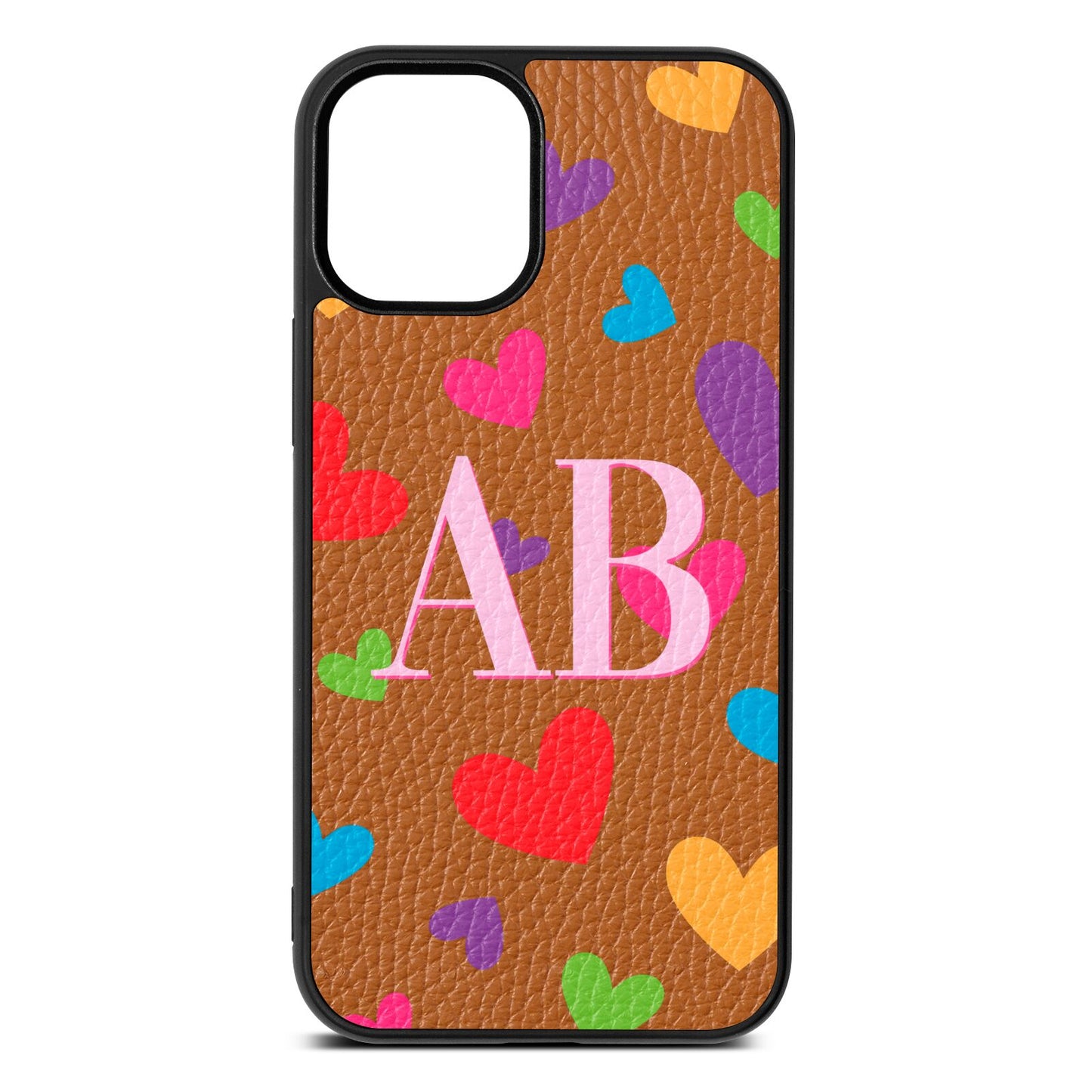 Contrast Initials Heart Print Tan Pebble Leather iPhone 12 Mini Case