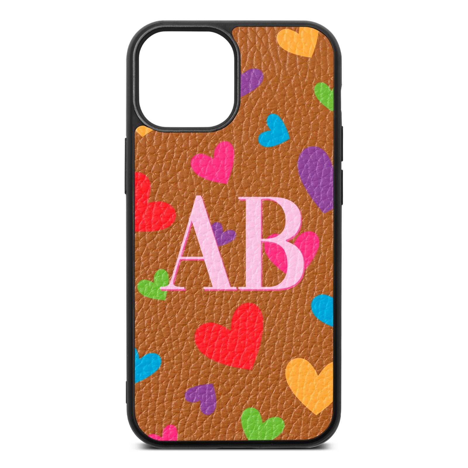 Contrast Initials Heart Print Tan Pebble Leather iPhone 13 Mini Case