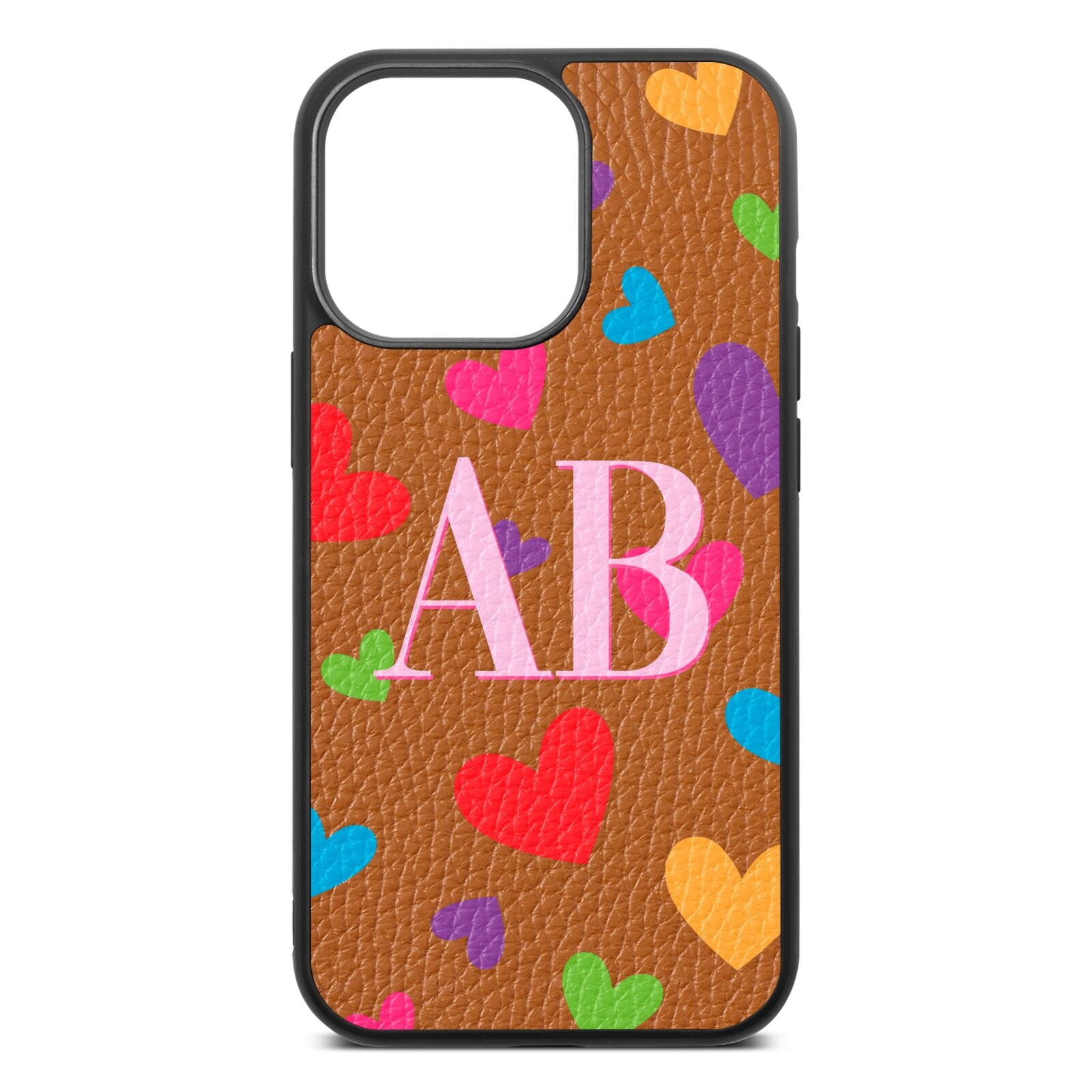 Contrast Initials Heart Print Tan Pebble Leather iPhone 13 Pro Case