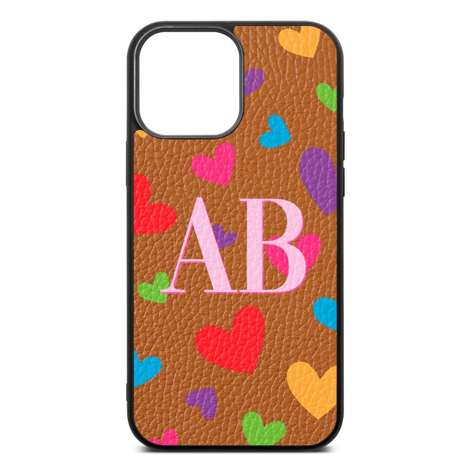 Contrast Initials Heart Print Tan Pebble Leather iPhone 13 Pro Max Case