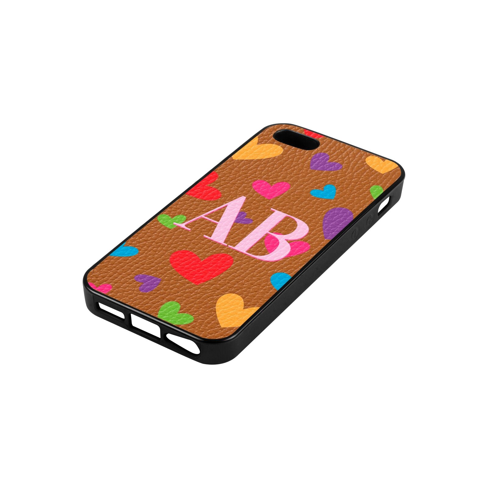 Contrast Initials Heart Print Tan Pebble Leather iPhone 5 Case Side Angle