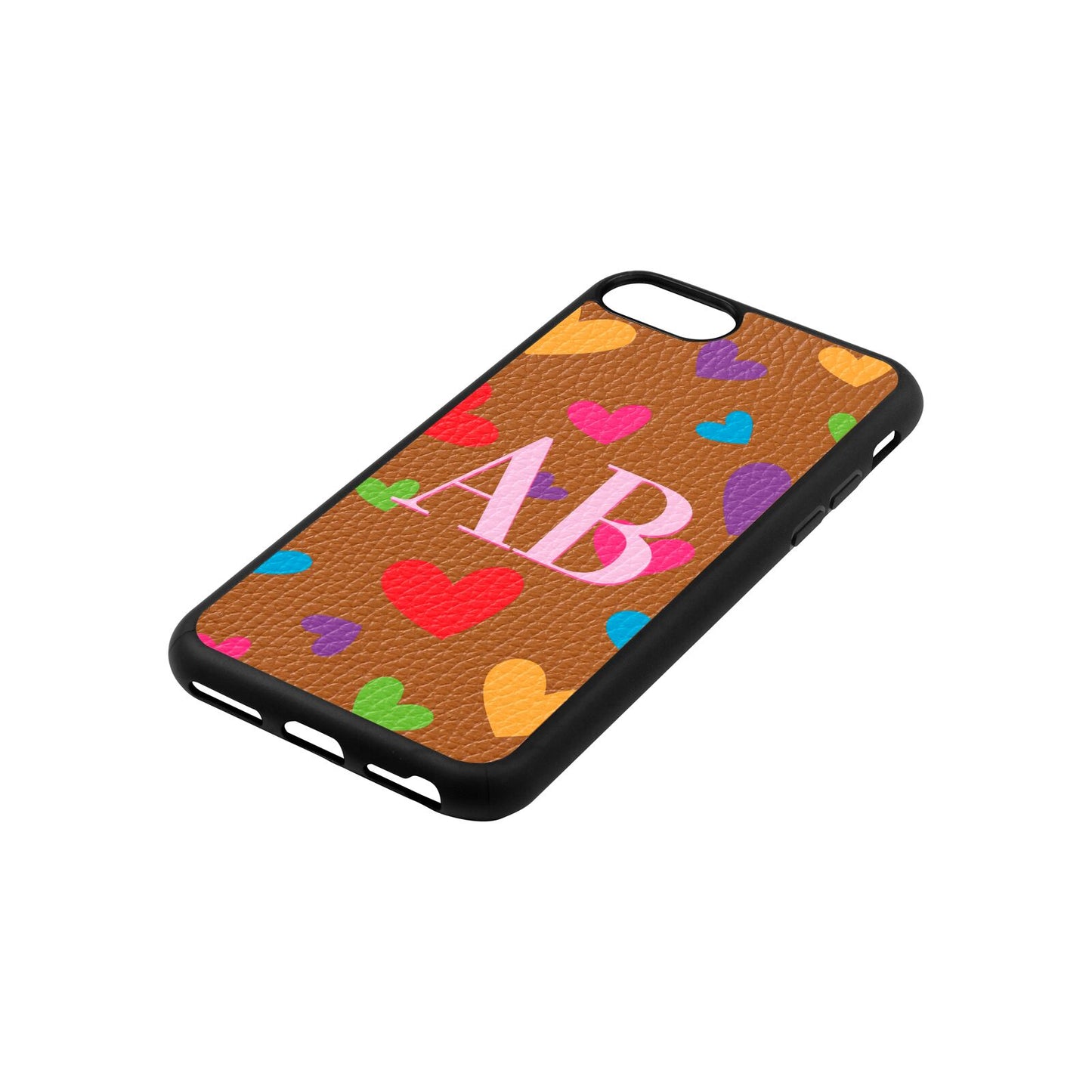 Contrast Initials Heart Print Tan Pebble Leather iPhone 8 Case Side Angle