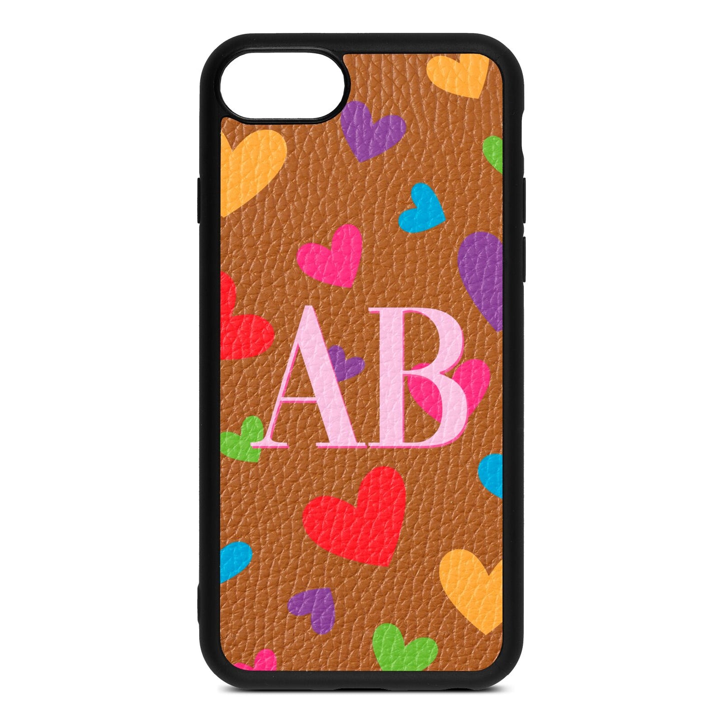 Contrast Initials Heart Print Tan Pebble Leather iPhone 8 Case