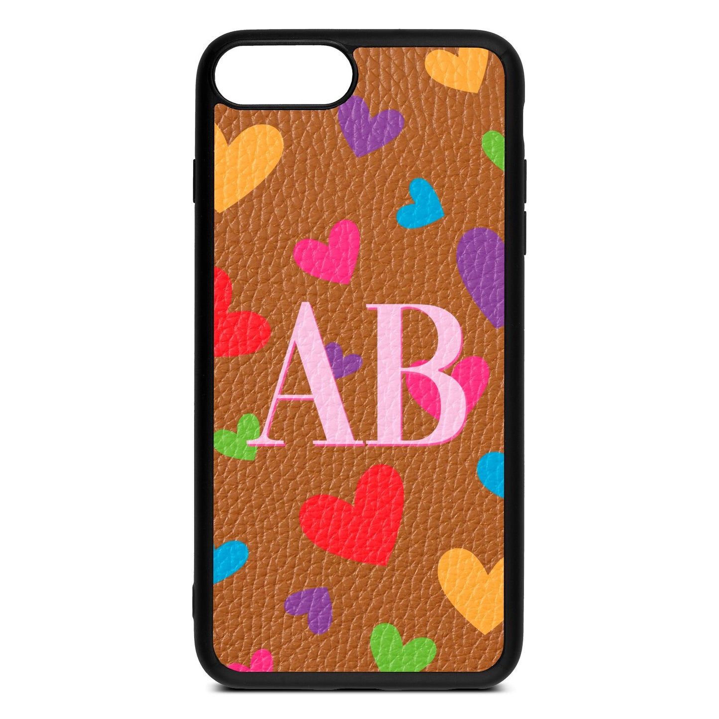 Contrast Initials Heart Print Tan Pebble Leather iPhone 8 Plus Case