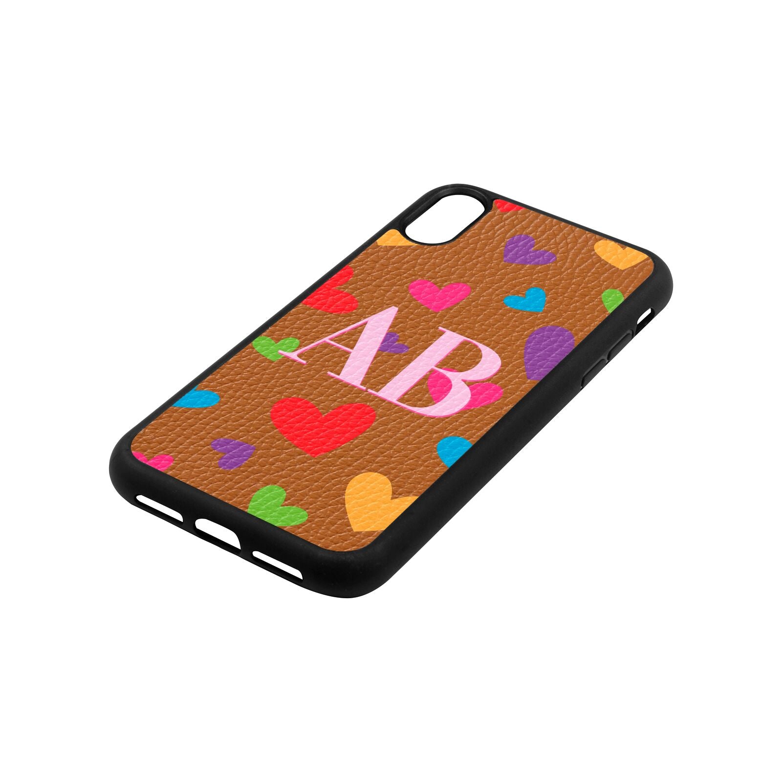 Contrast Initials Heart Print Tan Pebble Leather iPhone Xr Case Side Angle