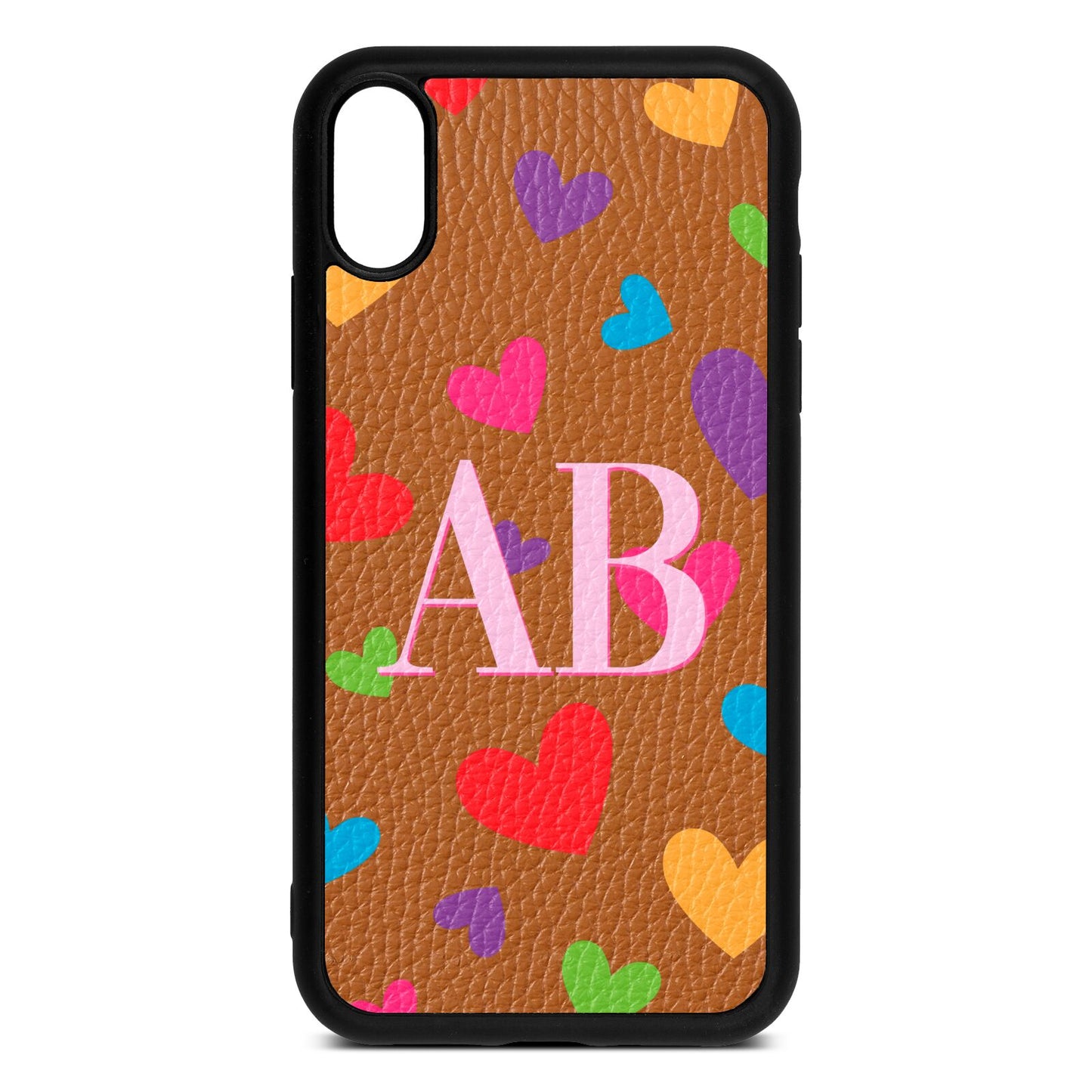 Contrast Initials Heart Print Tan Pebble Leather iPhone Xr Case