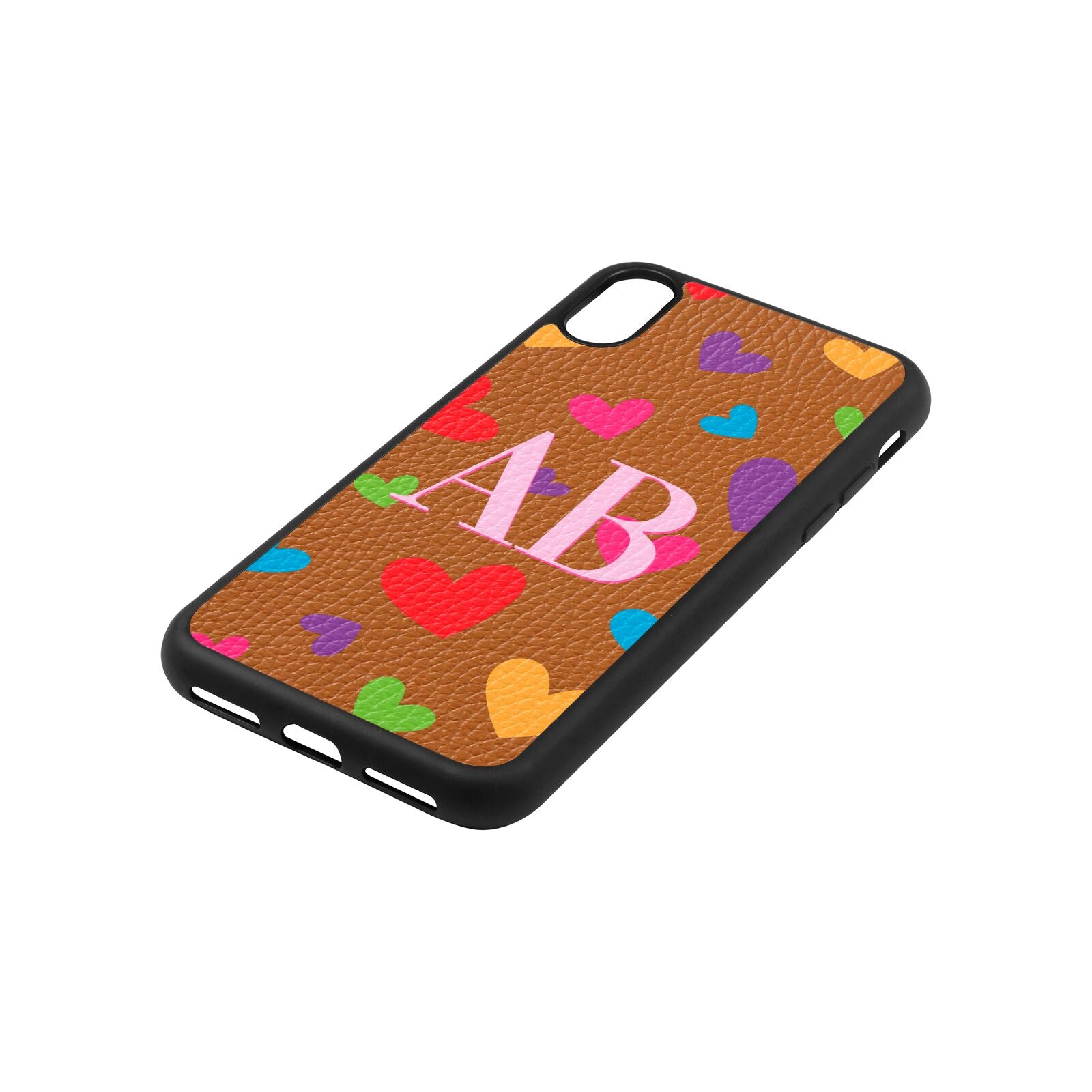 Contrast Initials Heart Print Tan Pebble Leather iPhone Xs Case Side Angle