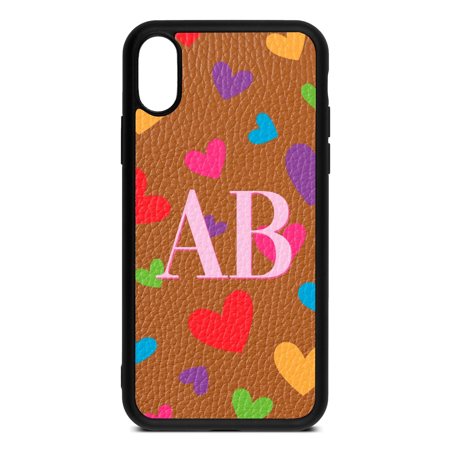 Contrast Initials Heart Print Tan Pebble Leather iPhone Xs Case