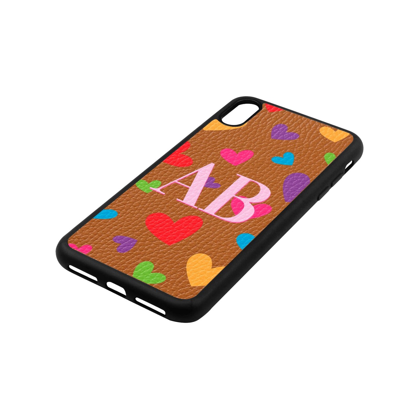 Contrast Initials Heart Print Tan Pebble Leather iPhone Xs Max Case Side Angle