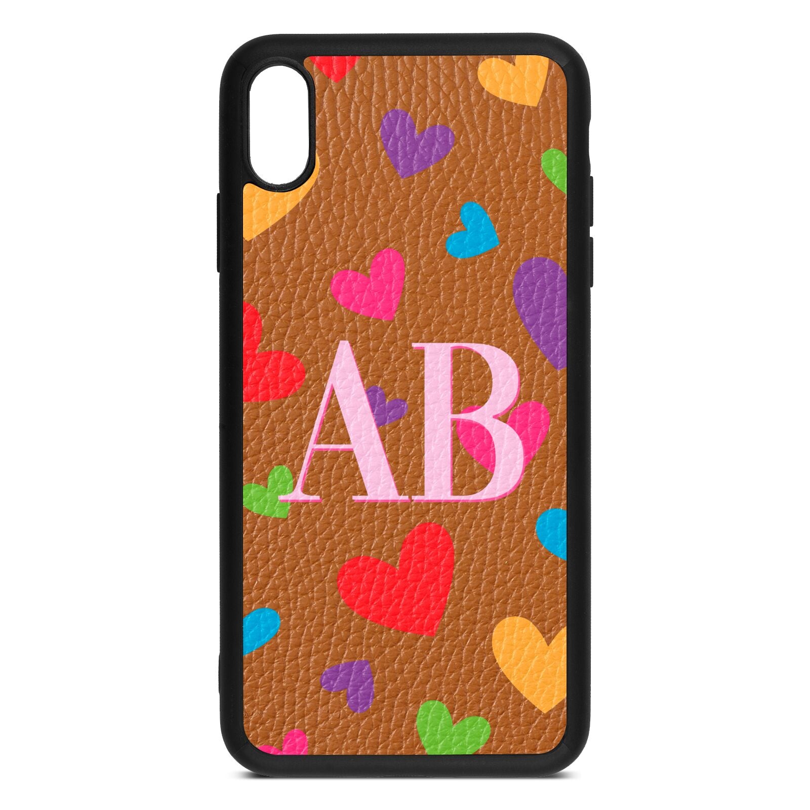 Contrast Initials Heart Print Tan Pebble Leather iPhone Xs Max Case