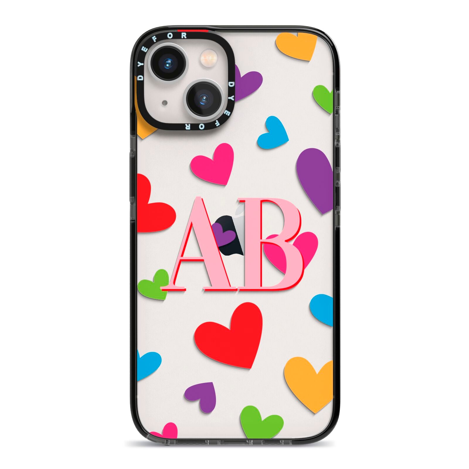 Contrast Initials Heart Print iPhone 13 Black Impact Case on Silver phone