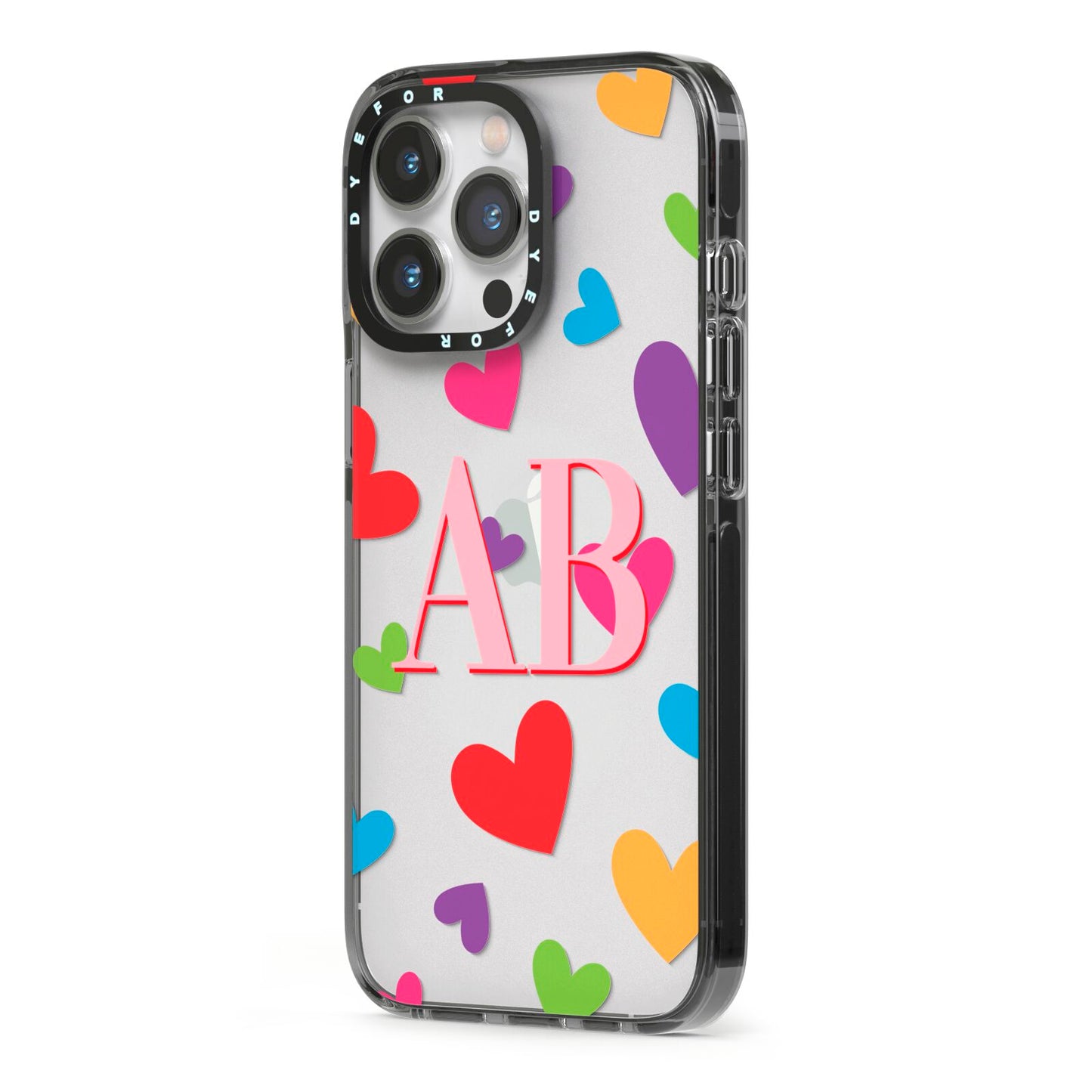 Contrast Initials Heart Print iPhone 13 Pro Black Impact Case Side Angle on Silver phone