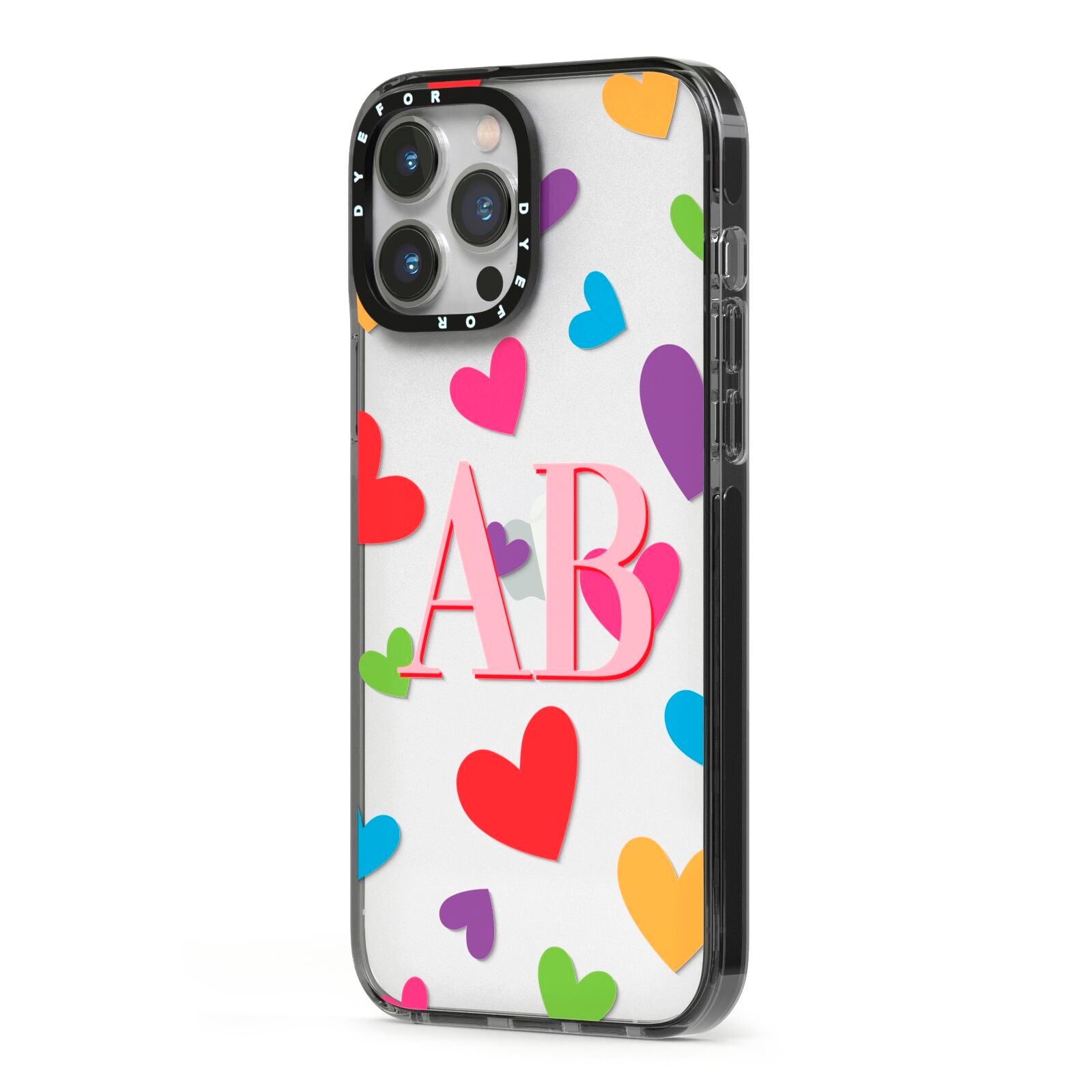 Contrast Initials Heart Print iPhone 13 Pro Max Black Impact Case Side Angle on Silver phone