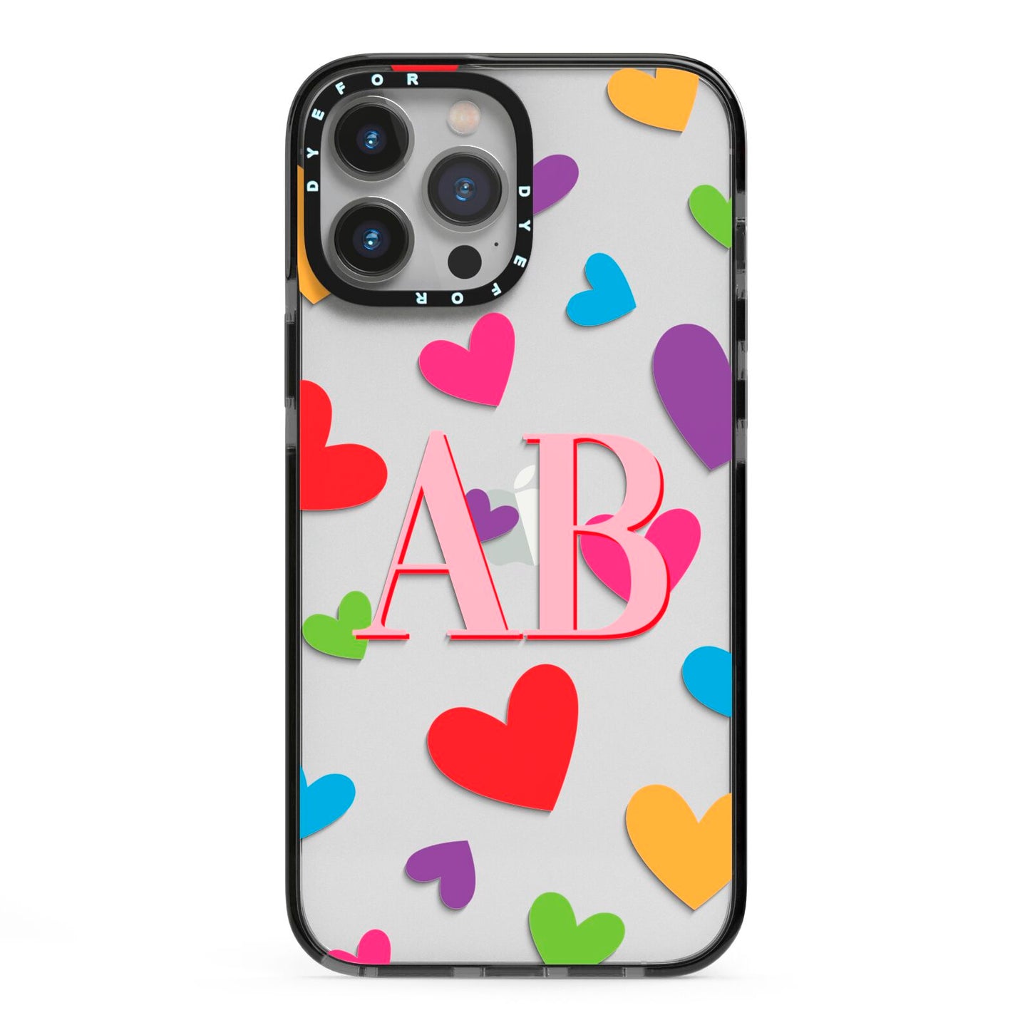 Contrast Initials Heart Print iPhone 13 Pro Max Black Impact Case on Silver phone