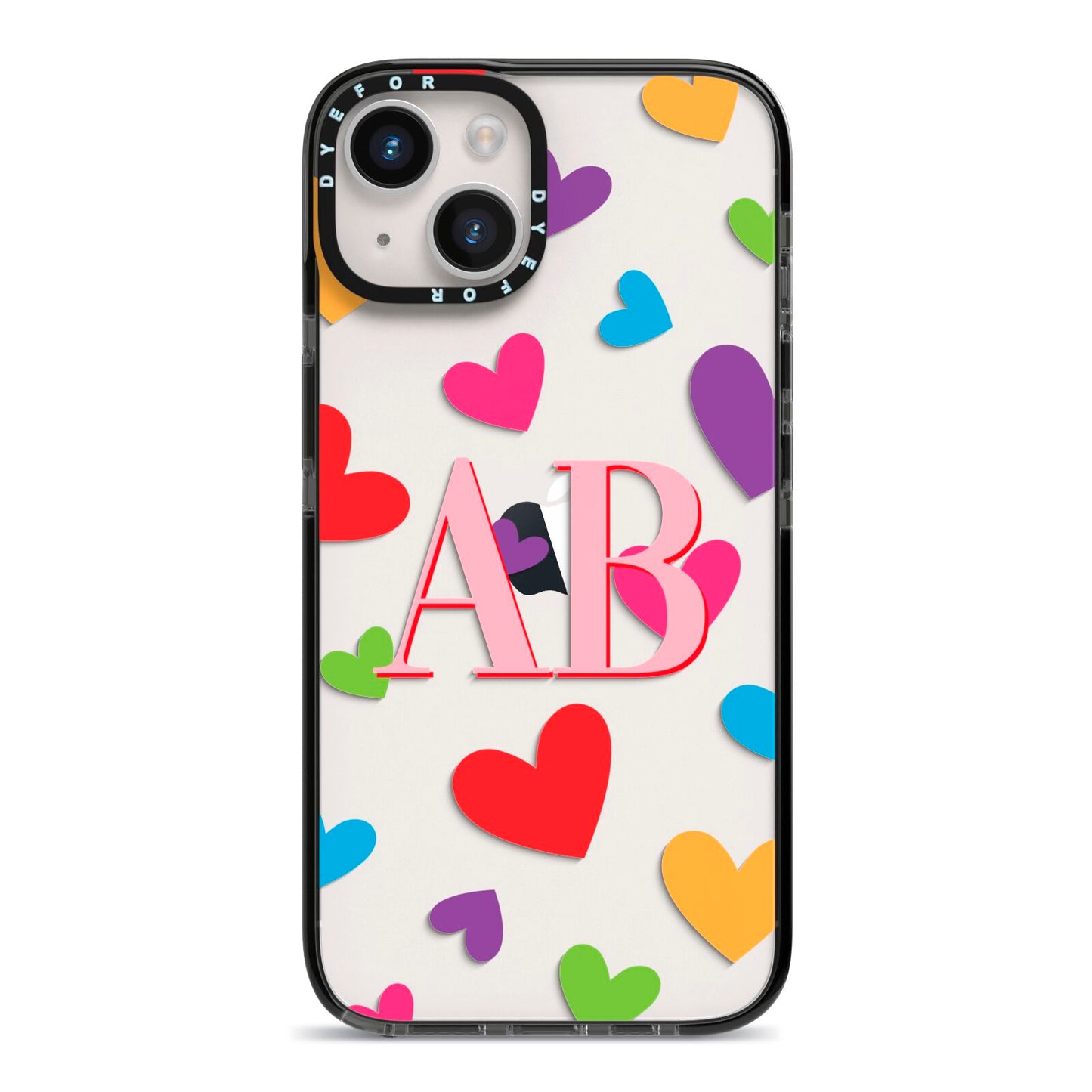 Contrast Initials Heart Print iPhone 14 Black Impact Case on Silver phone