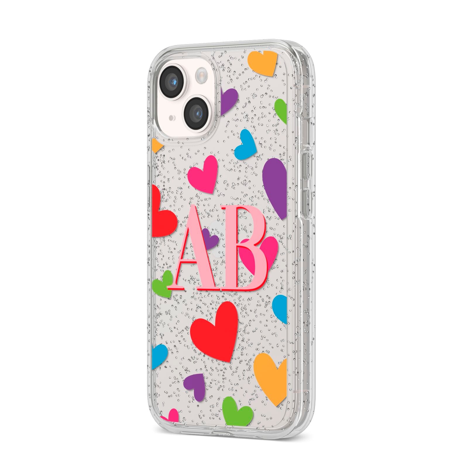 Contrast Initials Heart Print iPhone 14 Glitter Tough Case Starlight Angled Image