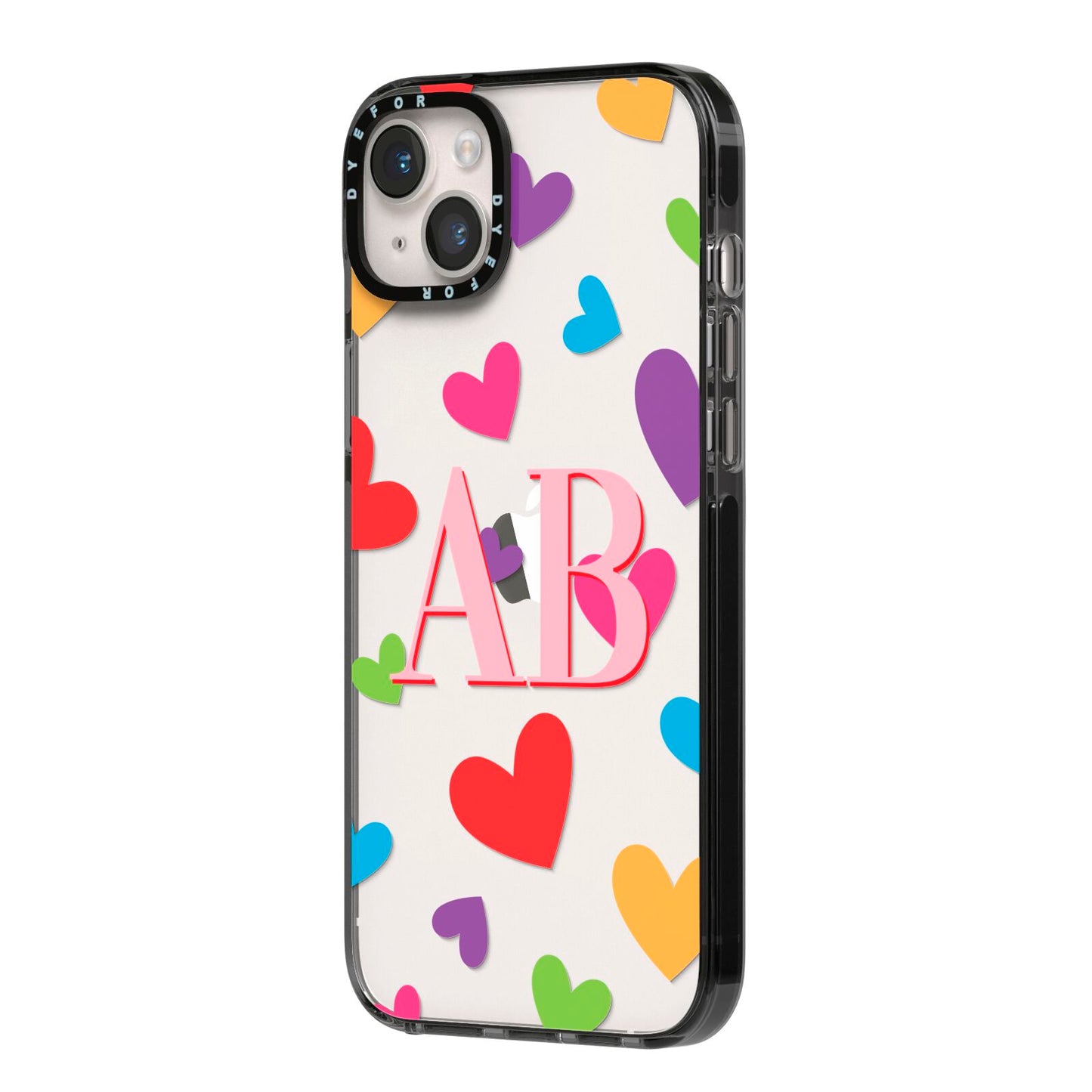 Contrast Initials Heart Print iPhone 14 Plus Black Impact Case Side Angle on Silver phone