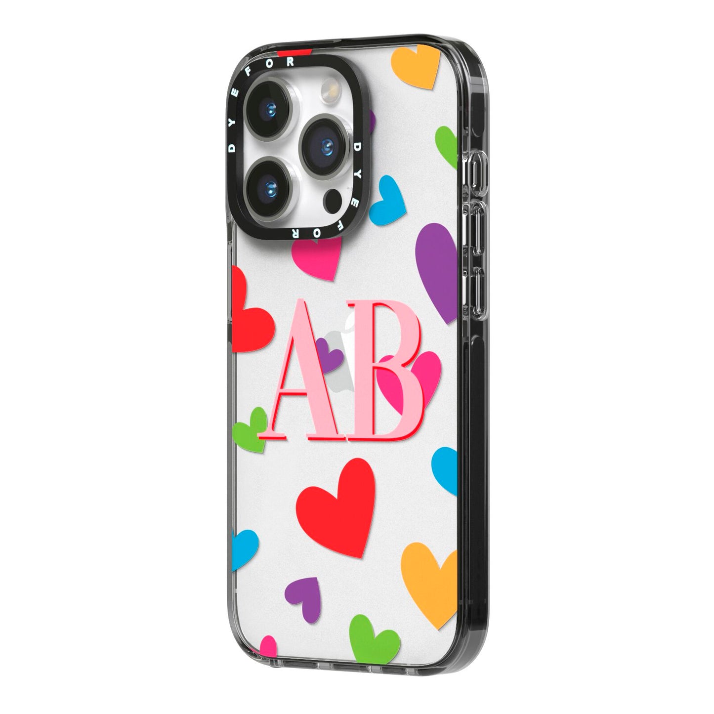 Contrast Initials Heart Print iPhone 14 Pro Black Impact Case Side Angle on Silver phone