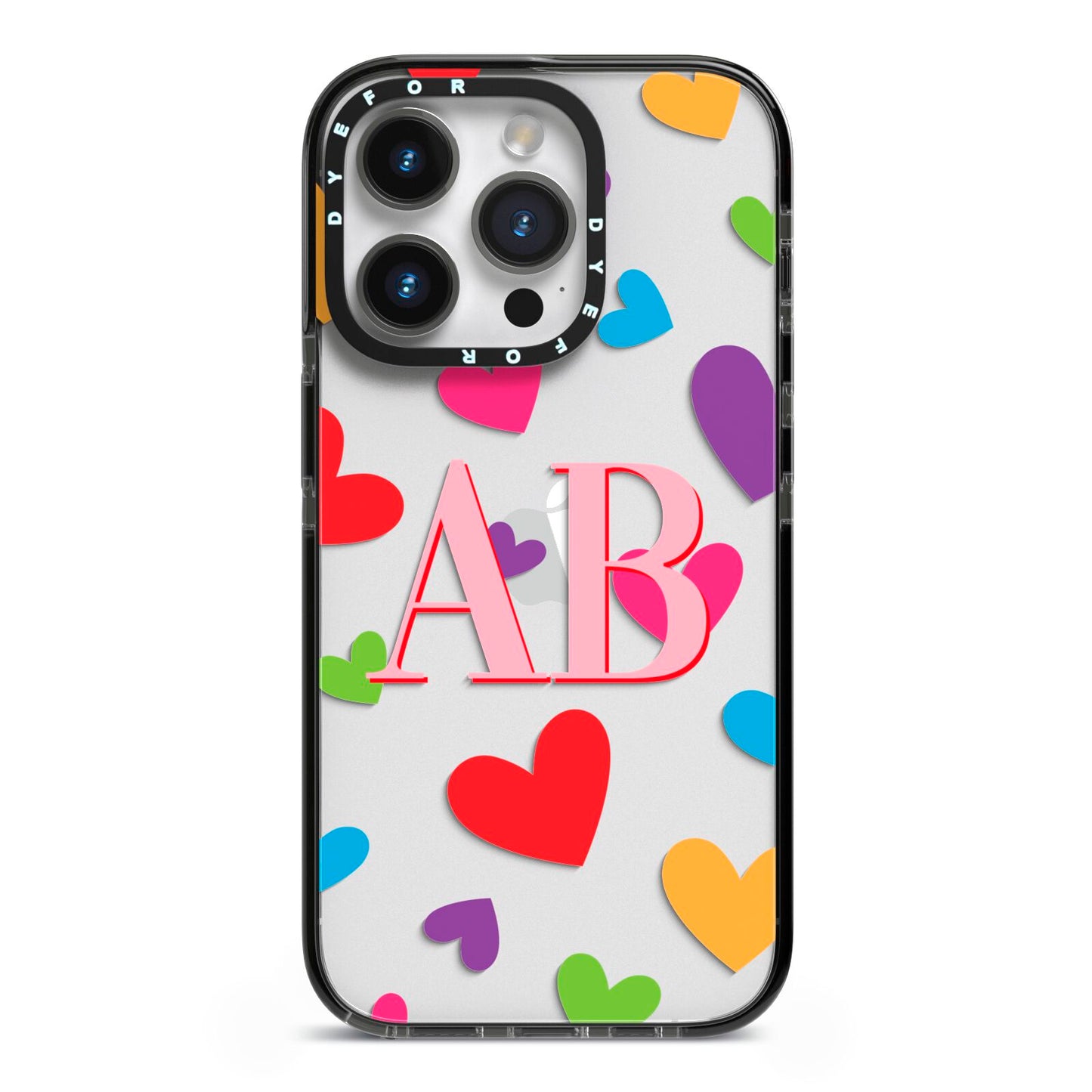 Contrast Initials Heart Print iPhone 14 Pro Black Impact Case on Silver phone