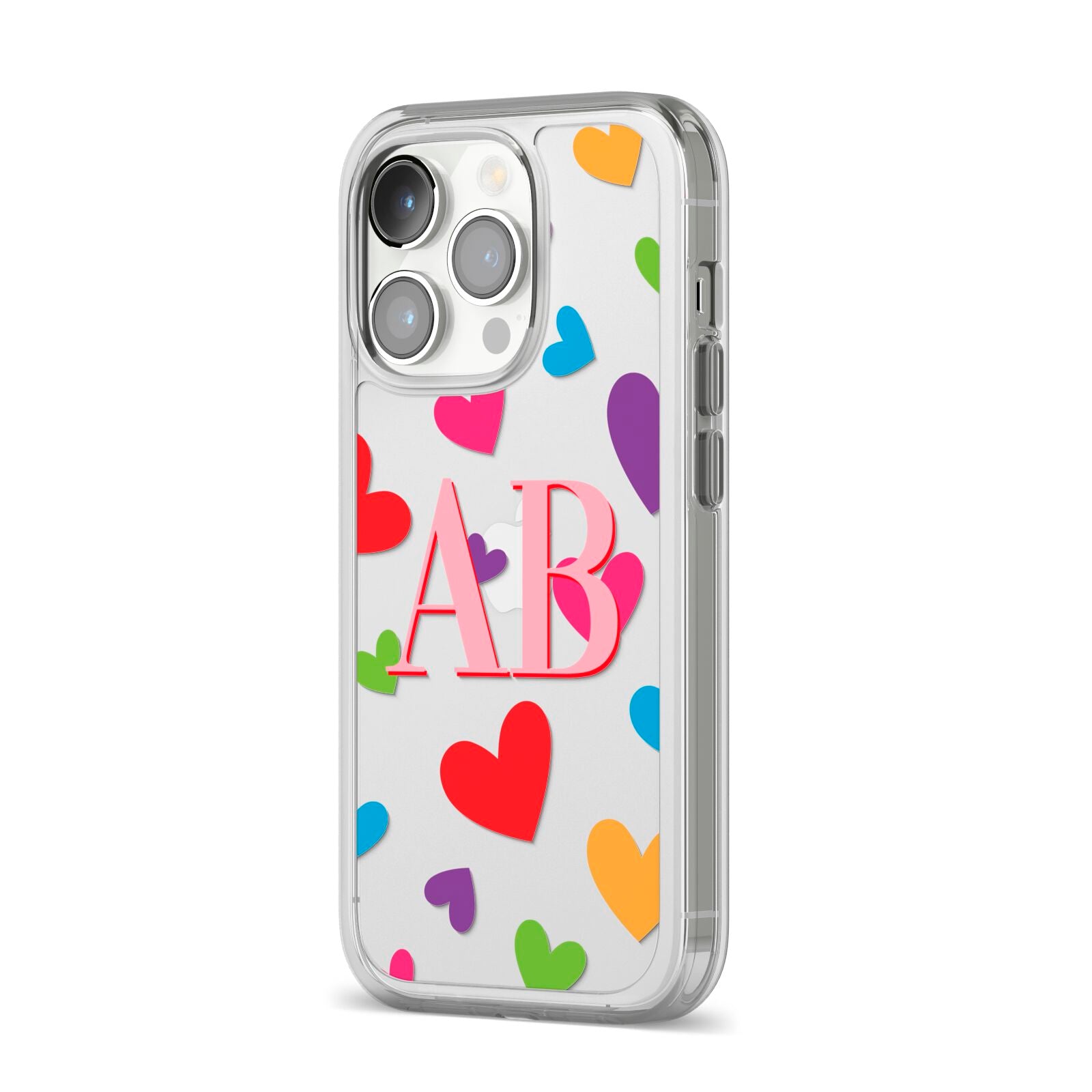 Contrast Initials Heart Print iPhone 14 Pro Clear Tough Case Silver Angled Image