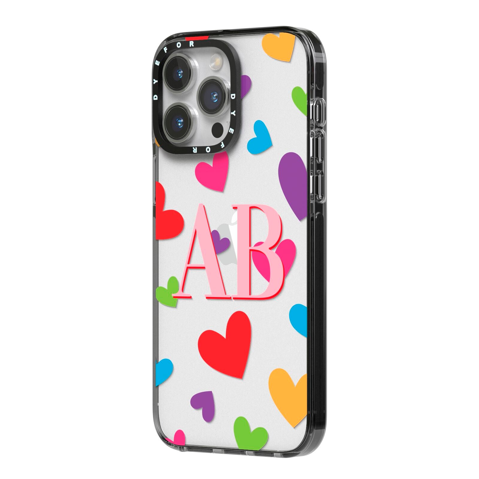 Contrast Initials Heart Print iPhone 14 Pro Max Black Impact Case Side Angle on Silver phone