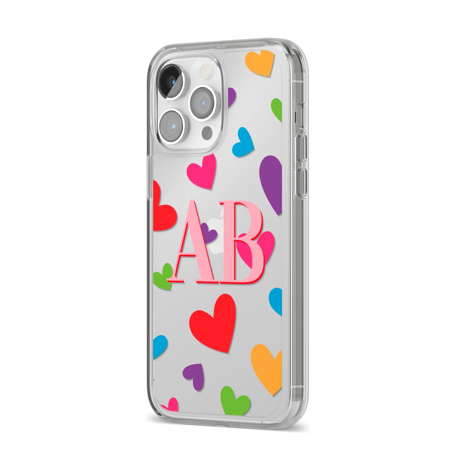 Contrast Initials Heart Print iPhone 14 Pro Max Clear Tough Case Silver Angled Image