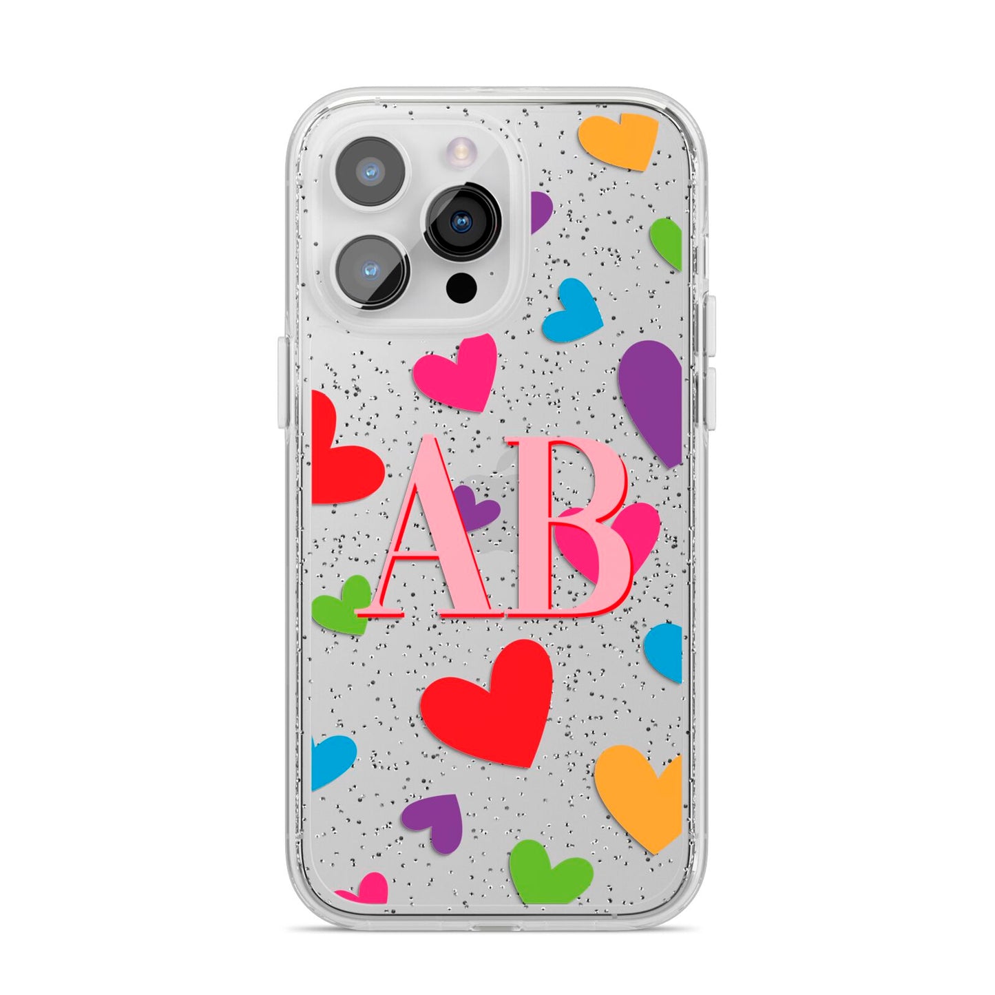 Contrast Initials Heart Print iPhone 14 Pro Max Glitter Tough Case Silver