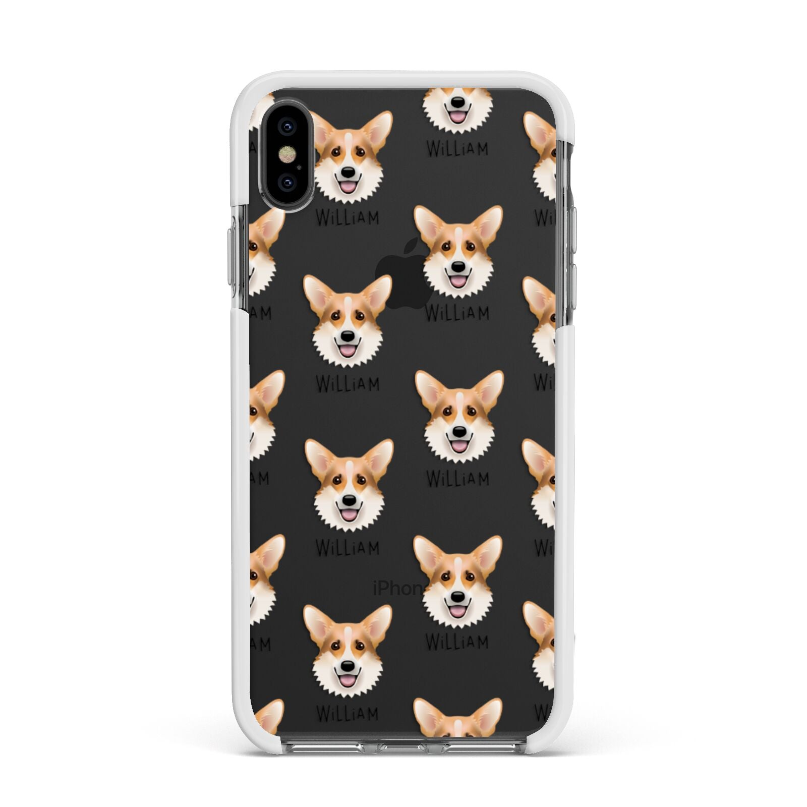 Corgi Icon with Name Apple iPhone Xs Max Impact Case White Edge on Black Phone