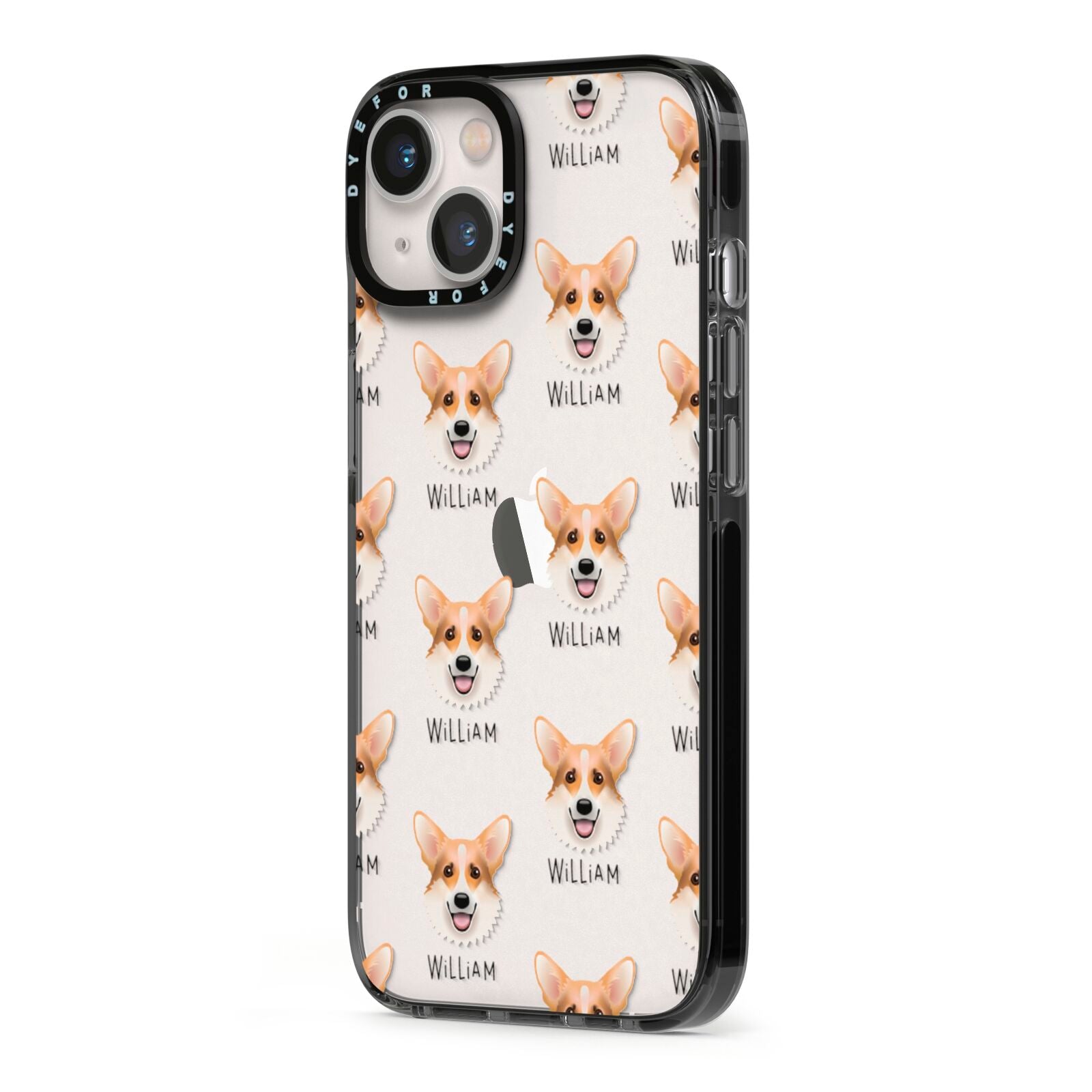 Corgi Icon with Name iPhone 13 Black Impact Case Side Angle on Silver phone