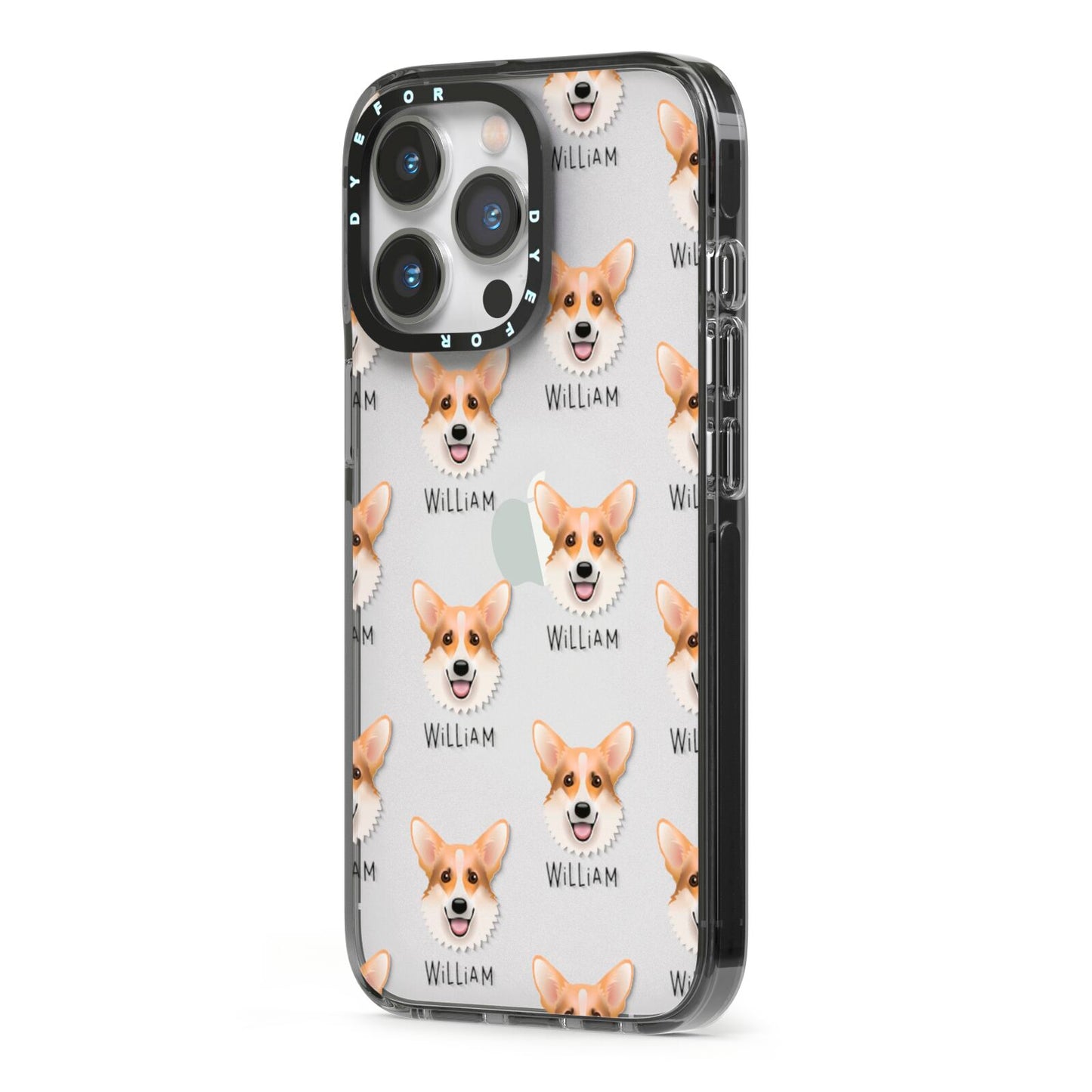 Corgi Icon with Name iPhone 13 Pro Black Impact Case Side Angle on Silver phone