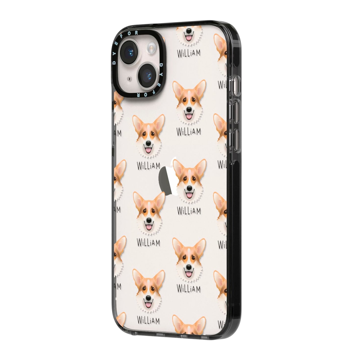 Corgi Icon with Name iPhone 14 Plus Black Impact Case Side Angle on Silver phone