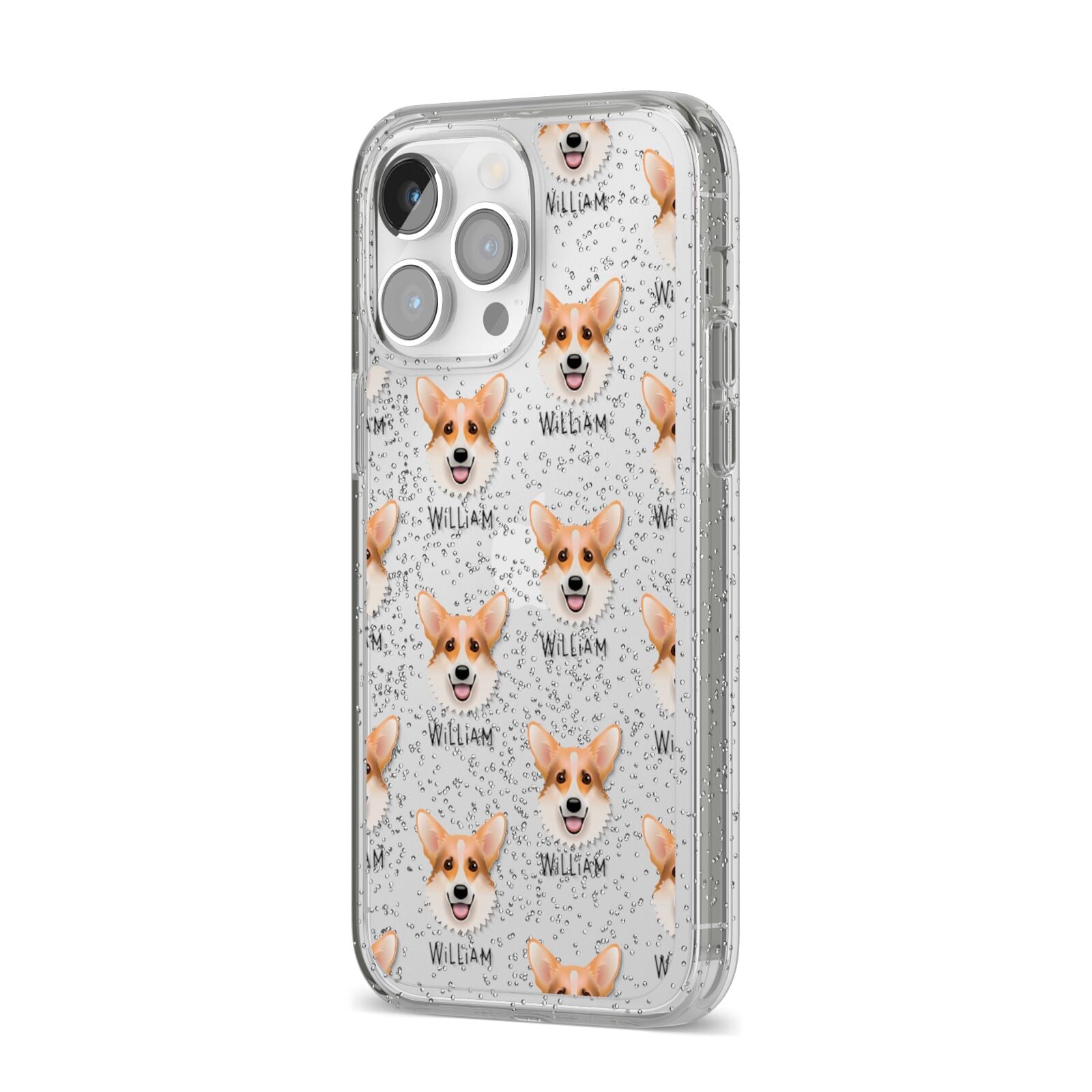 Corgi Icon with Name iPhone 14 Pro Max Glitter Tough Case Silver Angled Image