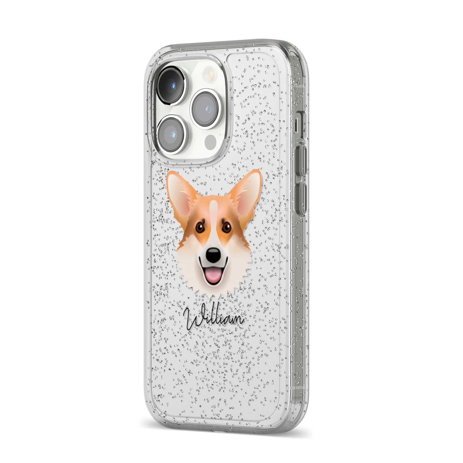 Corgi Personalised iPhone 14 Pro Glitter Tough Case Silver Angled Image