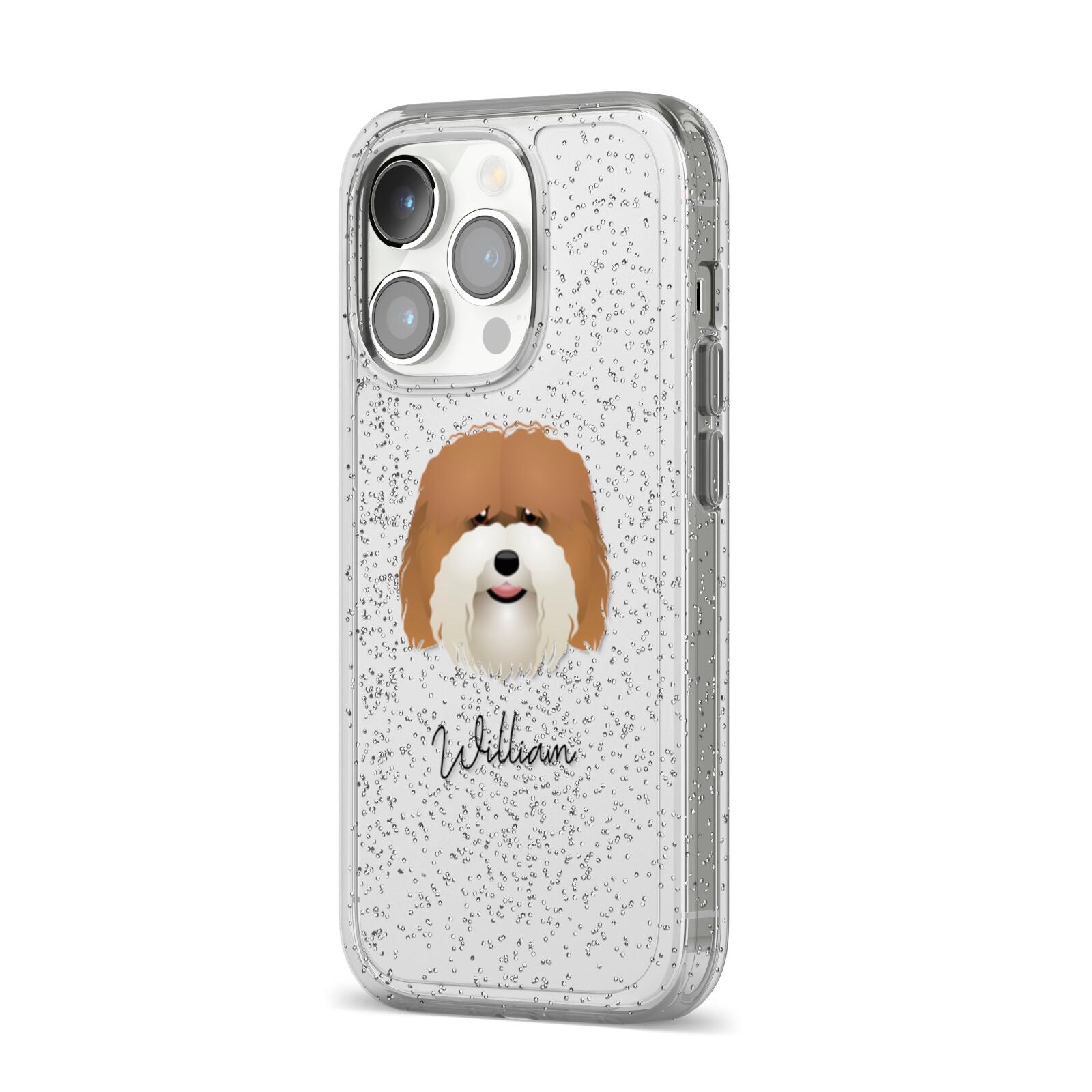 Coton De Tulear Personalised iPhone 14 Pro Glitter Tough Case Silver Angled Image