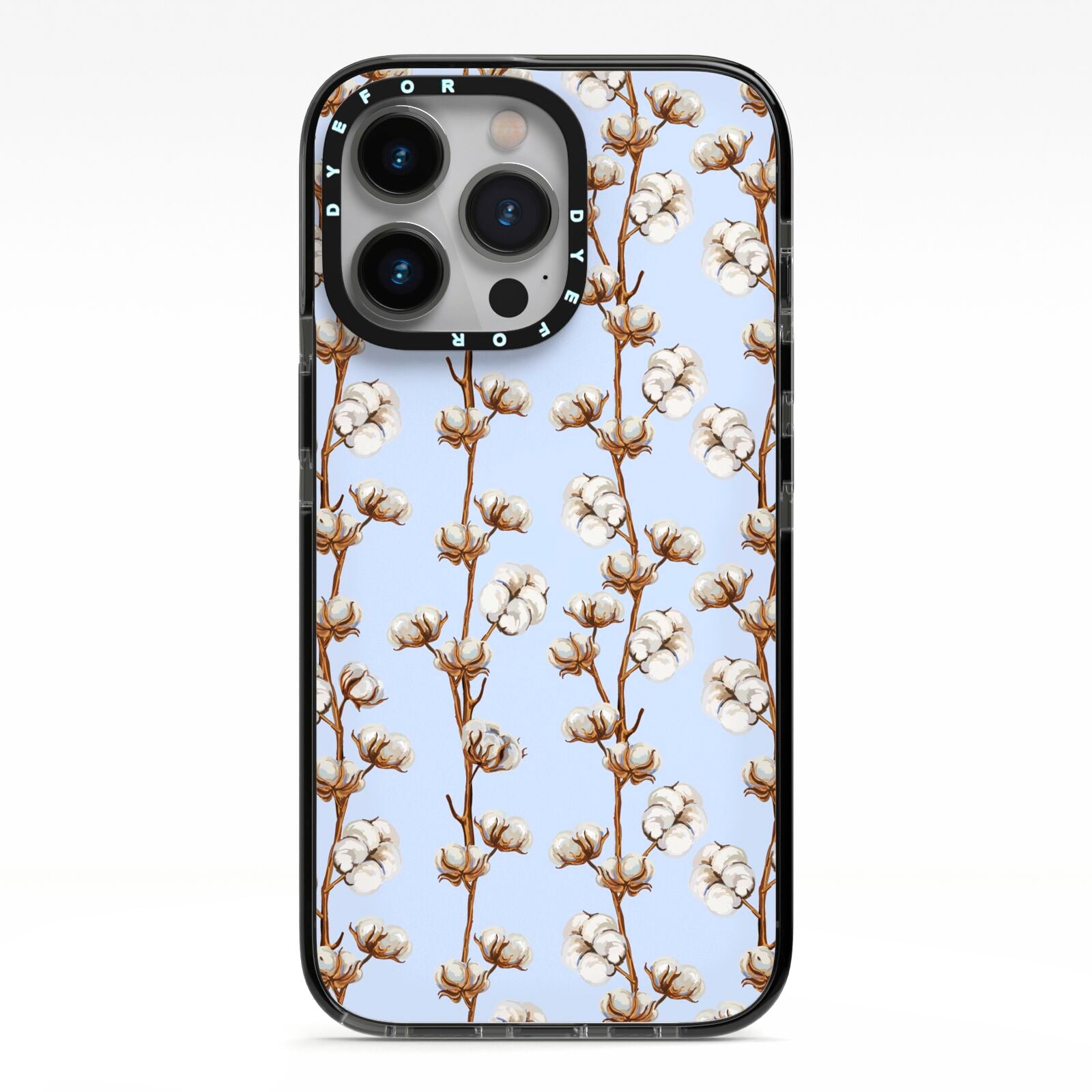 Cotton Branch iPhone 13 Pro Black Impact Case on Silver phone