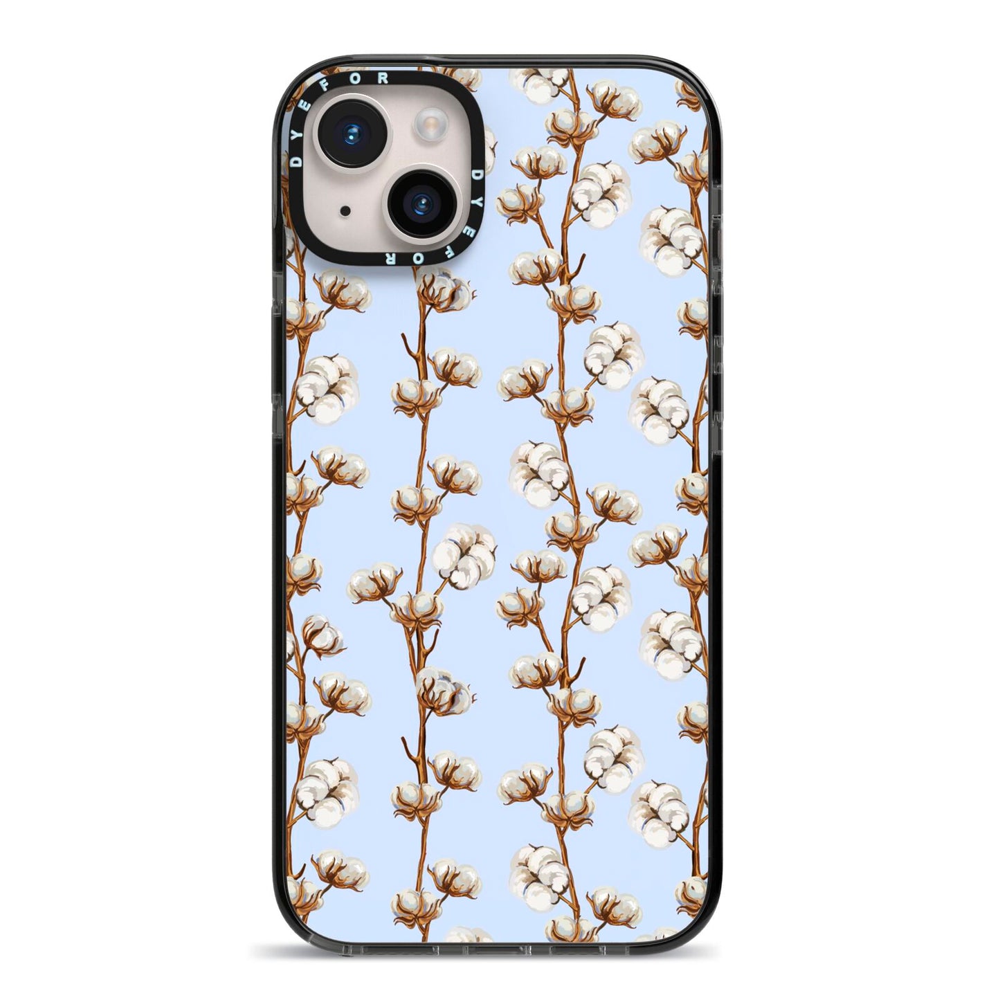 Cotton Branch iPhone 14 Plus Black Impact Case on Silver phone