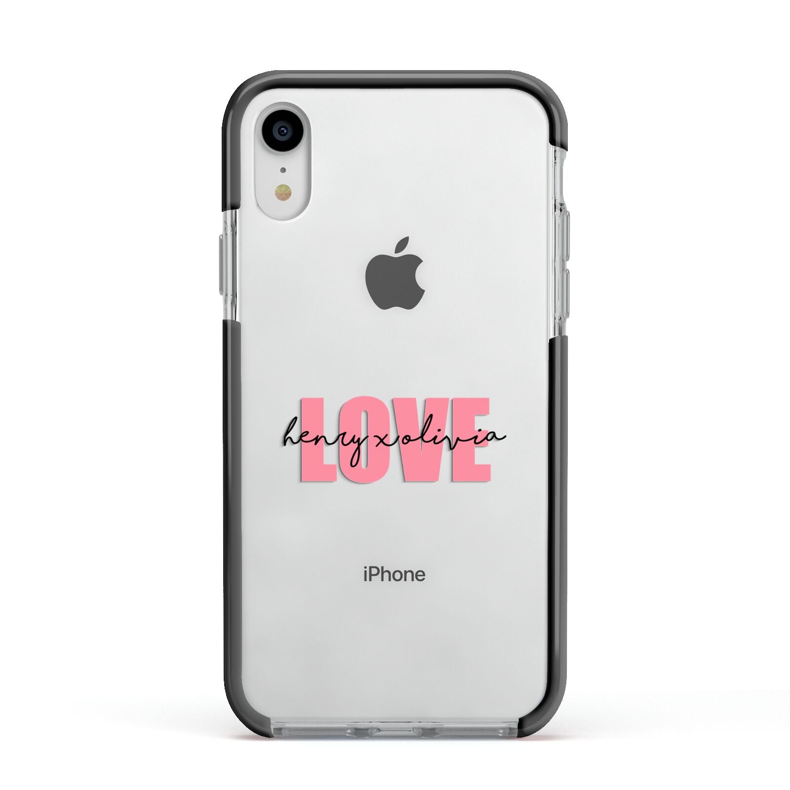 Couples Personalised Love Apple iPhone XR Impact Case Black Edge on Silver Phone