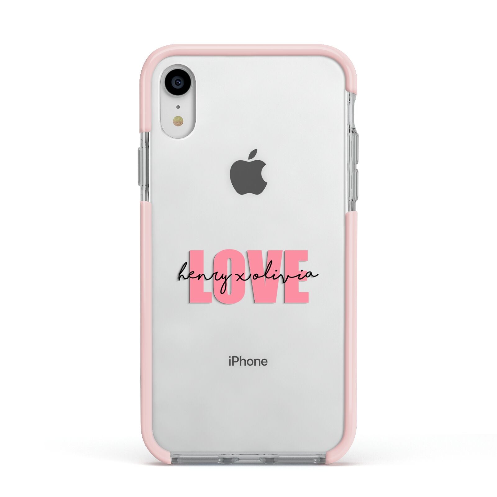 Couples Personalised Love Apple iPhone XR Impact Case Pink Edge on Silver Phone