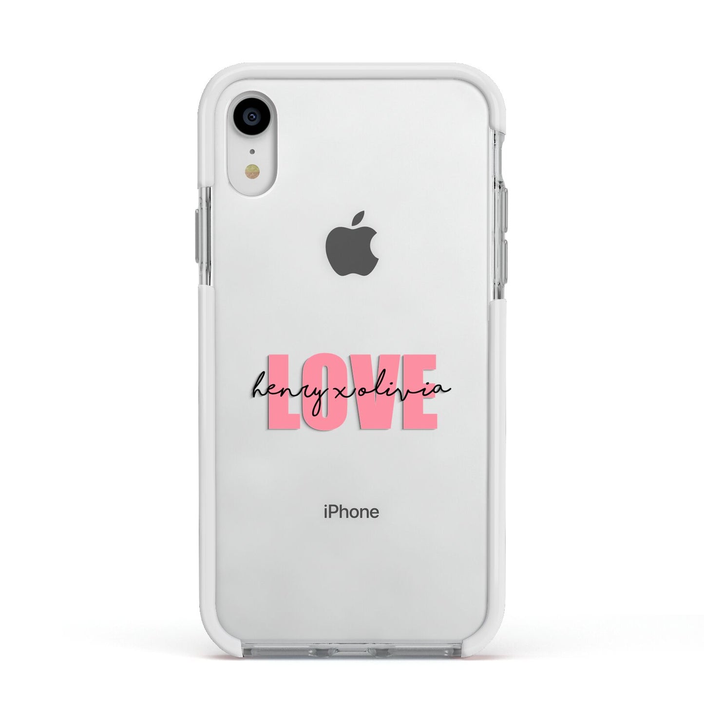 Couples Personalised Love Apple iPhone XR Impact Case White Edge on Silver Phone