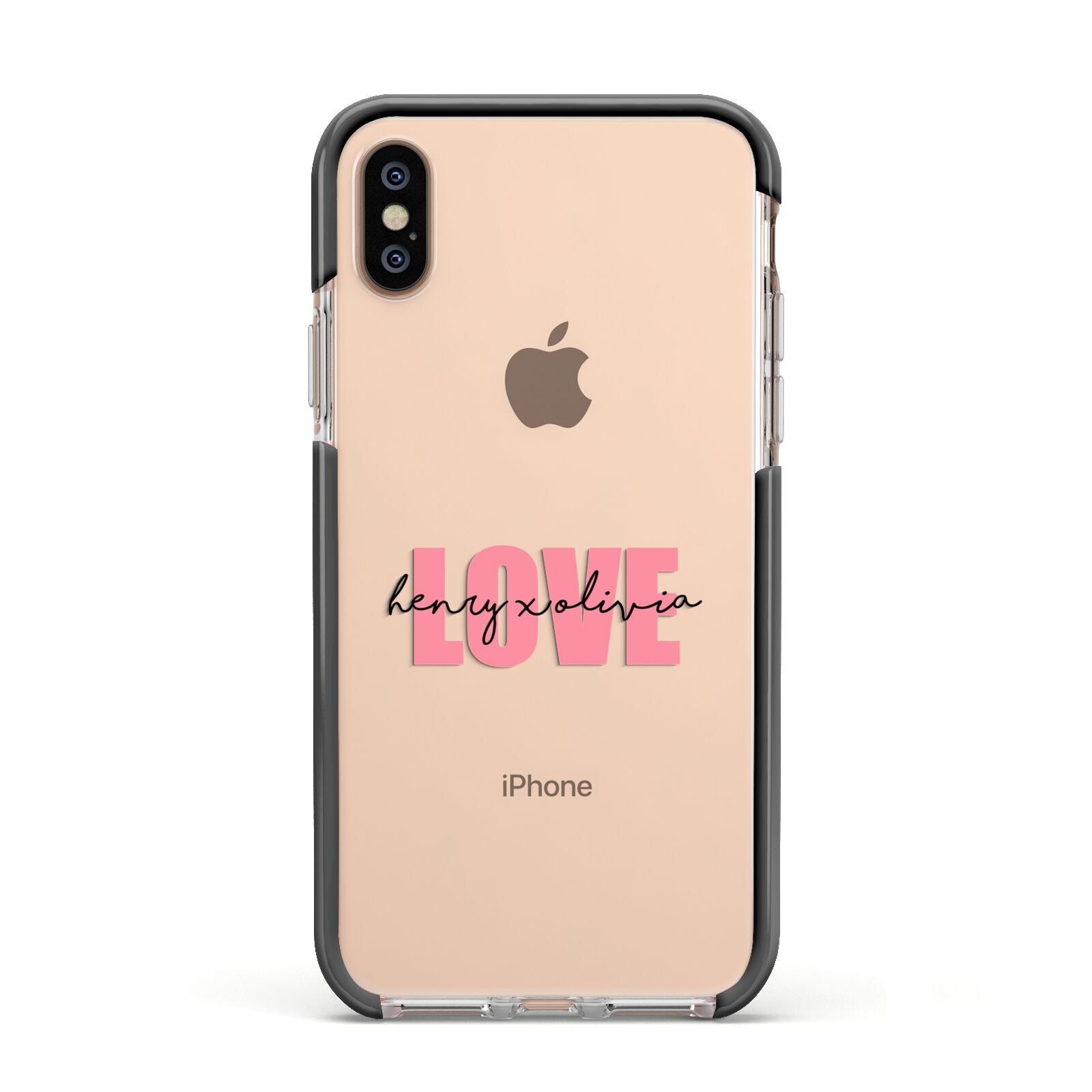 Couples Personalised Love Apple iPhone Xs Impact Case Black Edge on Gold Phone