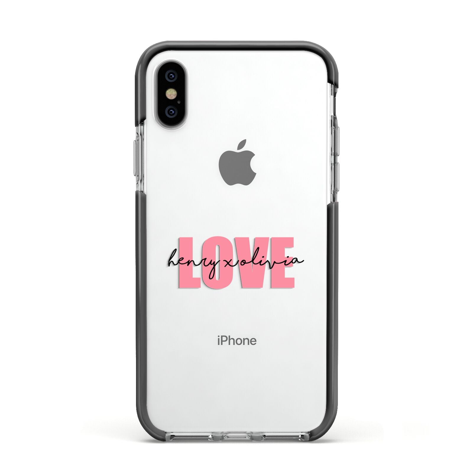 Couples Personalised Love Apple iPhone Xs Impact Case Black Edge on Silver Phone