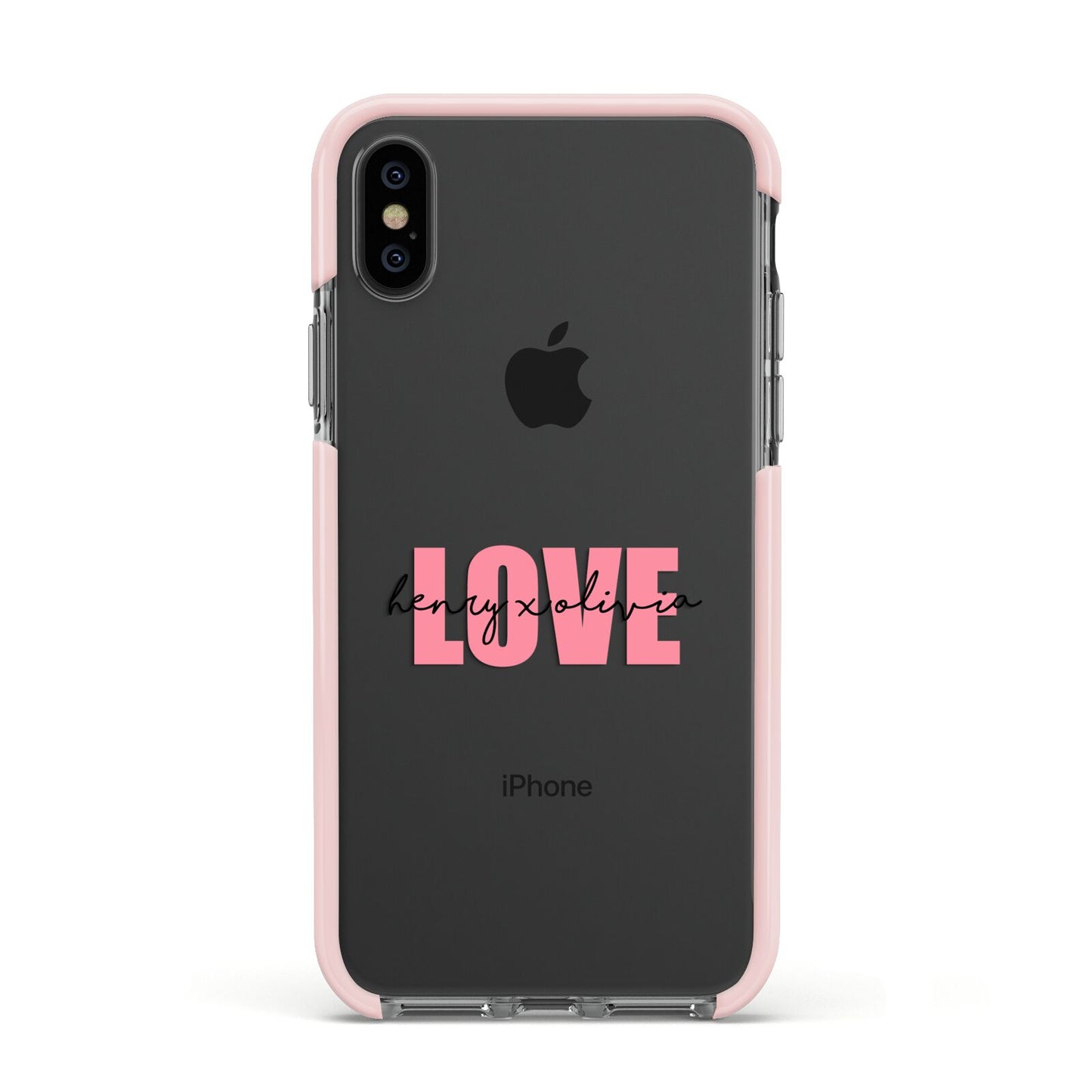 Couples Personalised Love Apple iPhone Xs Impact Case Pink Edge on Black Phone