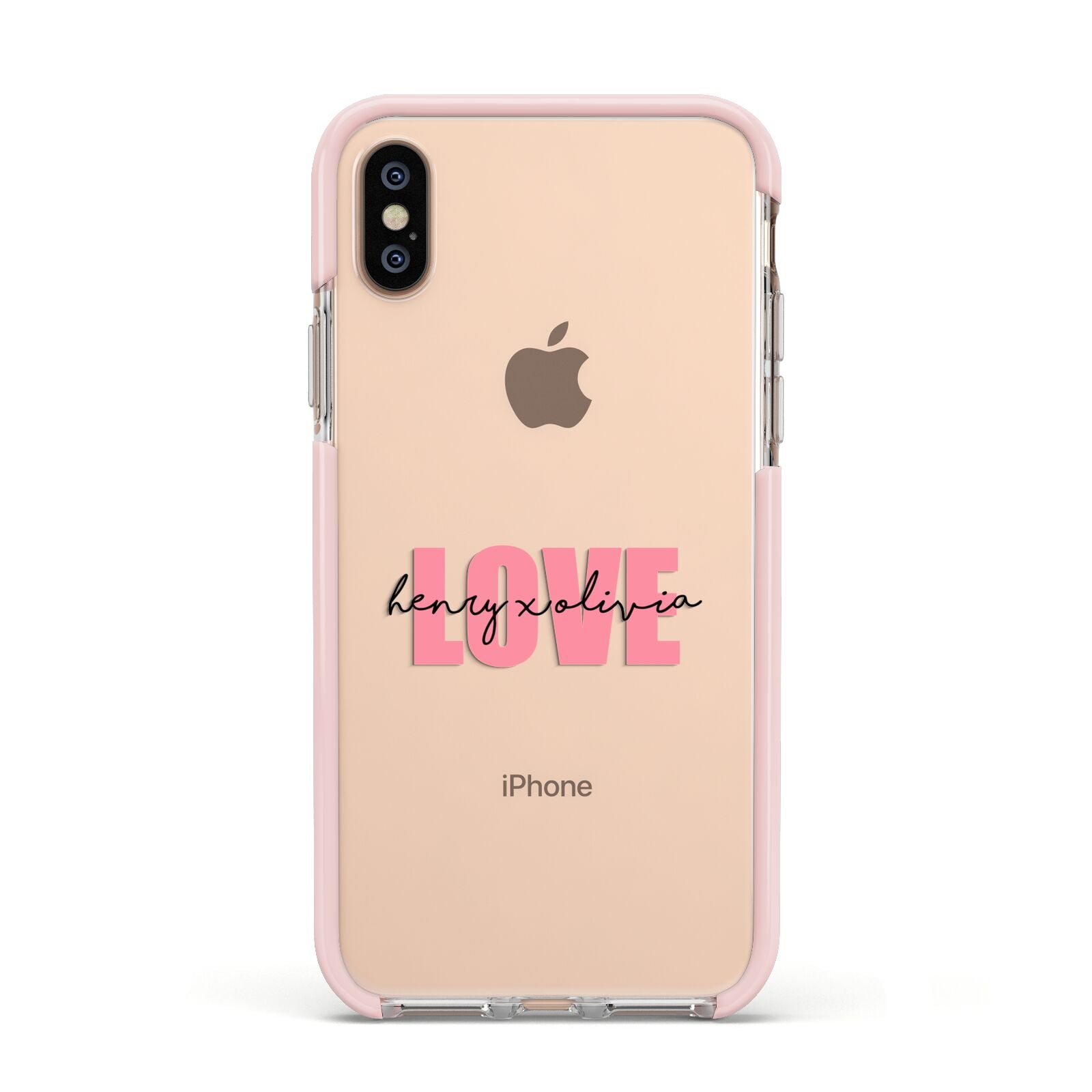 Couples Personalised Love Apple iPhone Xs Impact Case Pink Edge on Gold Phone