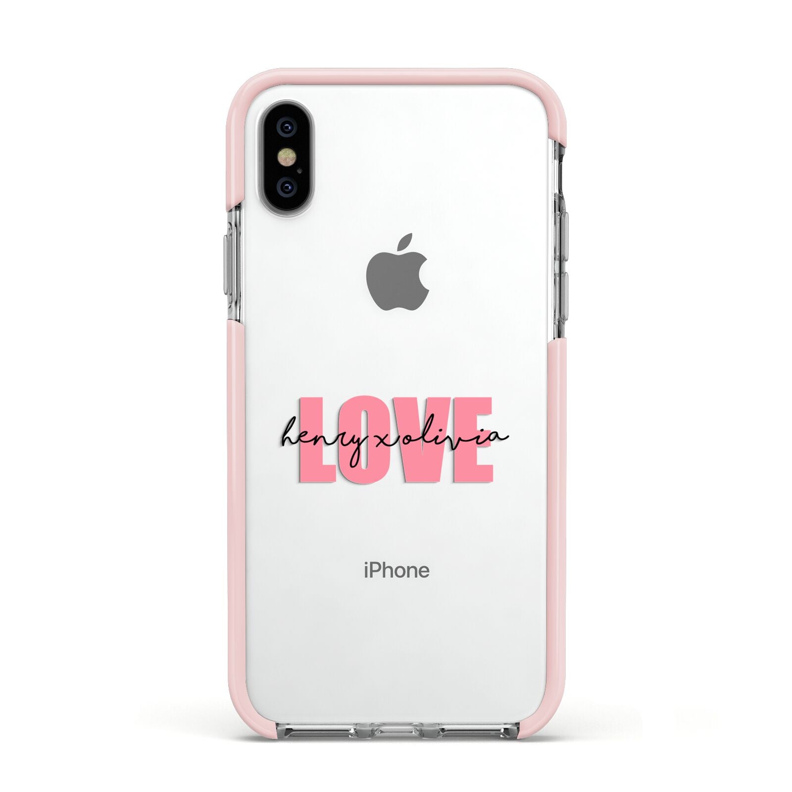 Couples Personalised Love Apple iPhone Xs Impact Case Pink Edge on Silver Phone