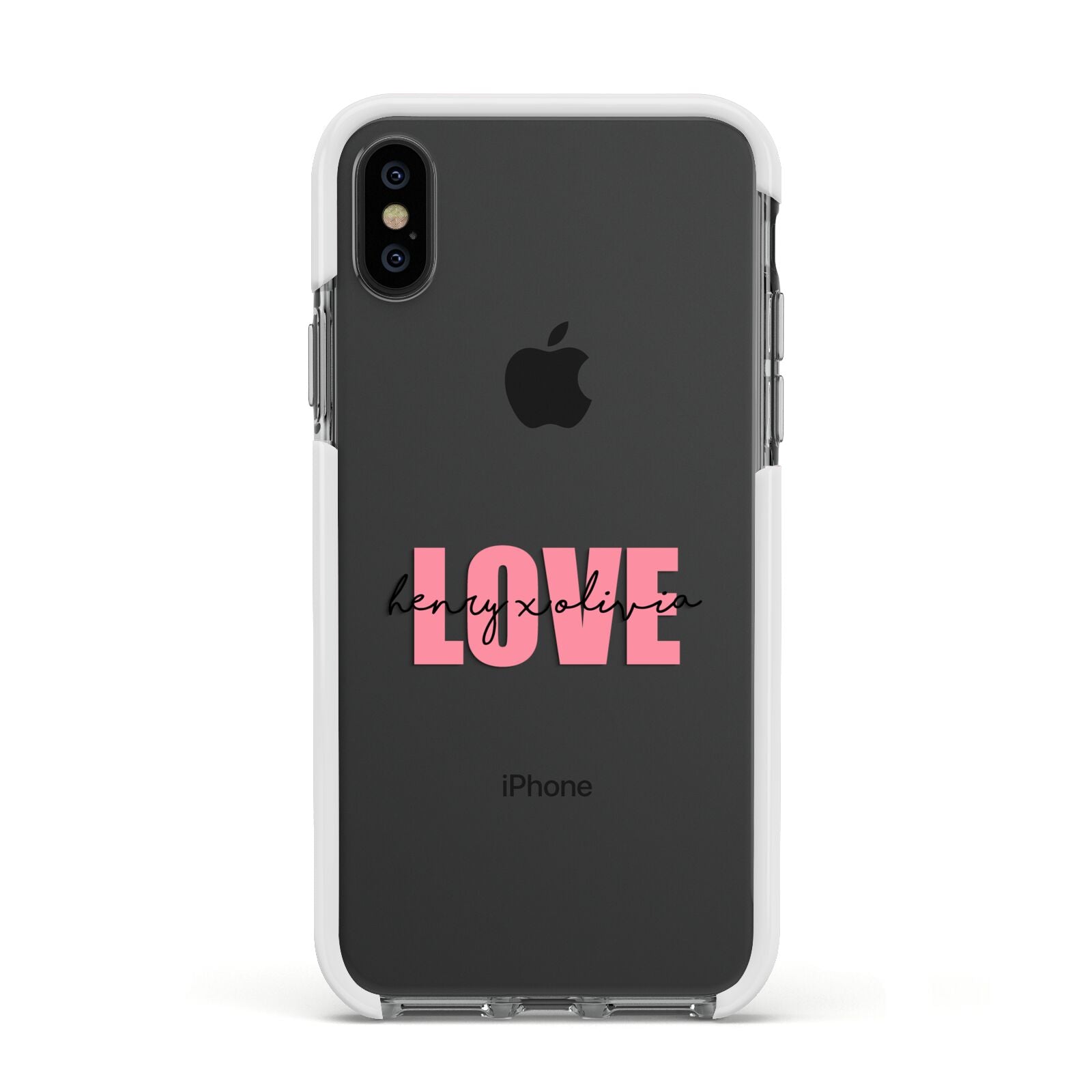 Couples Personalised Love Apple iPhone Xs Impact Case White Edge on Black Phone