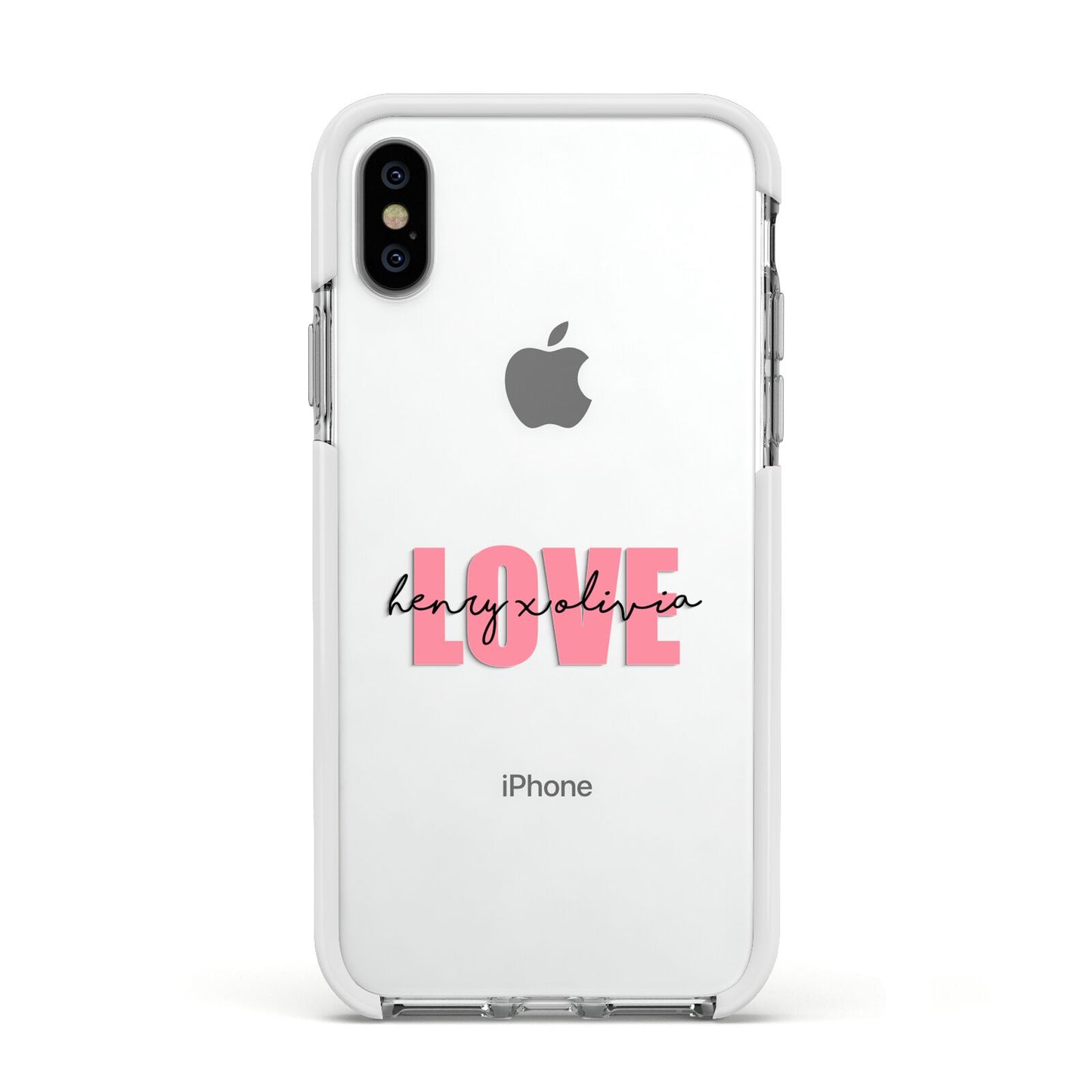 Couples Personalised Love Apple iPhone Xs Impact Case White Edge on Silver Phone