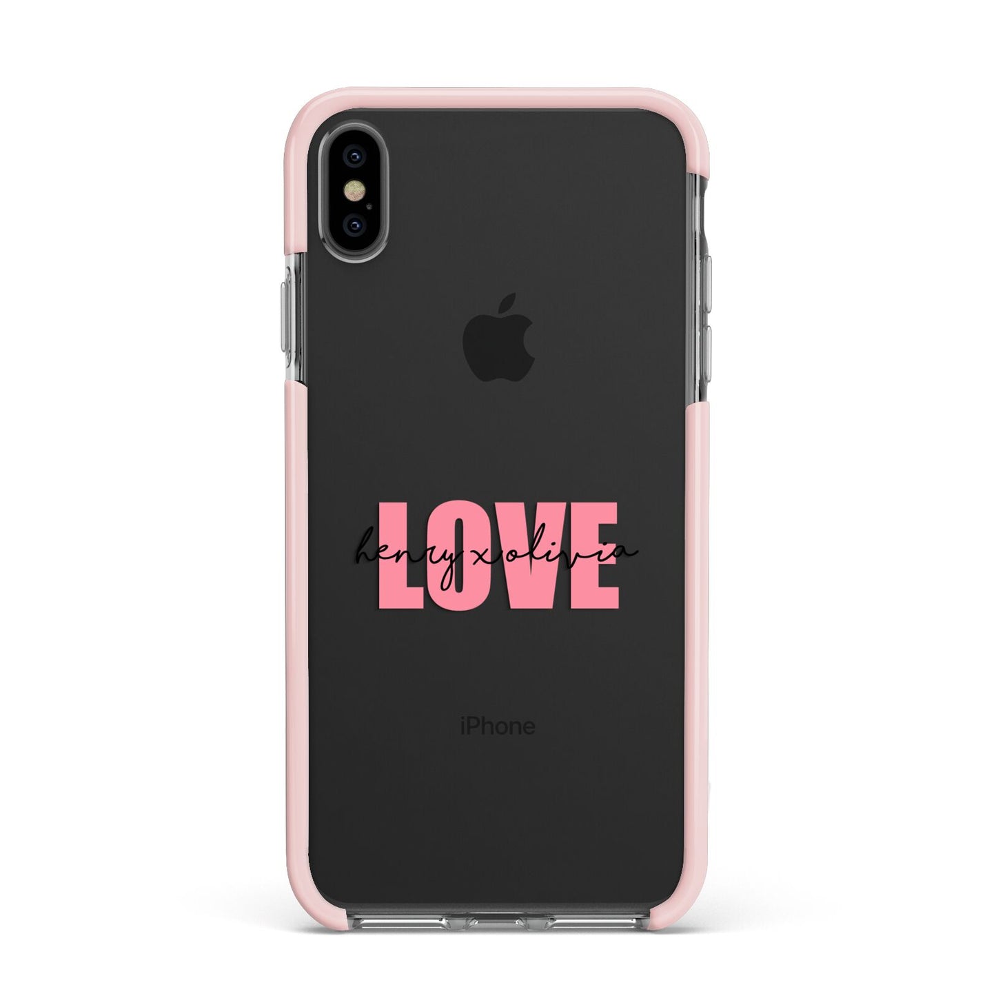 Couples Personalised Love Apple iPhone Xs Max Impact Case Pink Edge on Black Phone