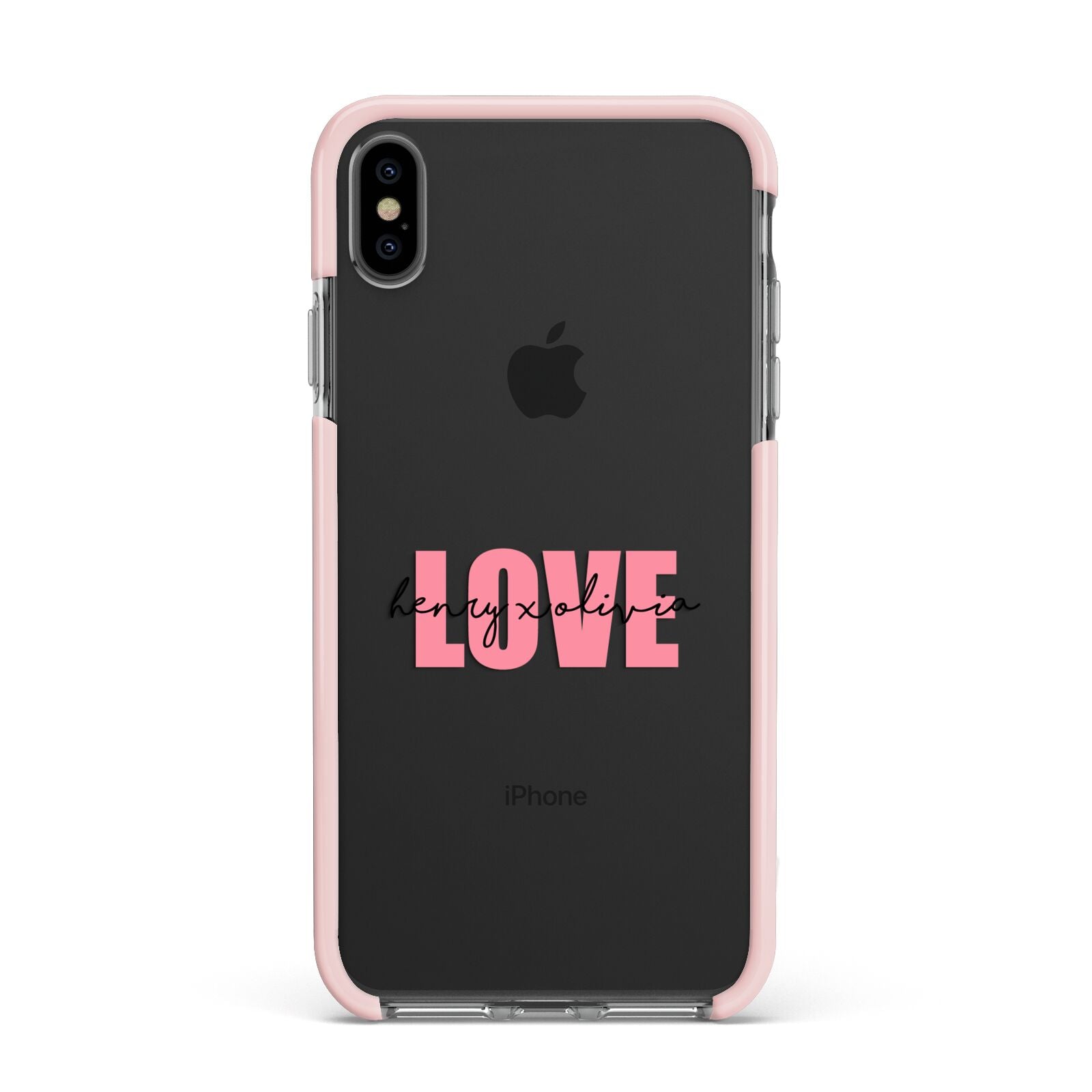 Couples Personalised Love Apple iPhone Xs Max Impact Case Pink Edge on Black Phone