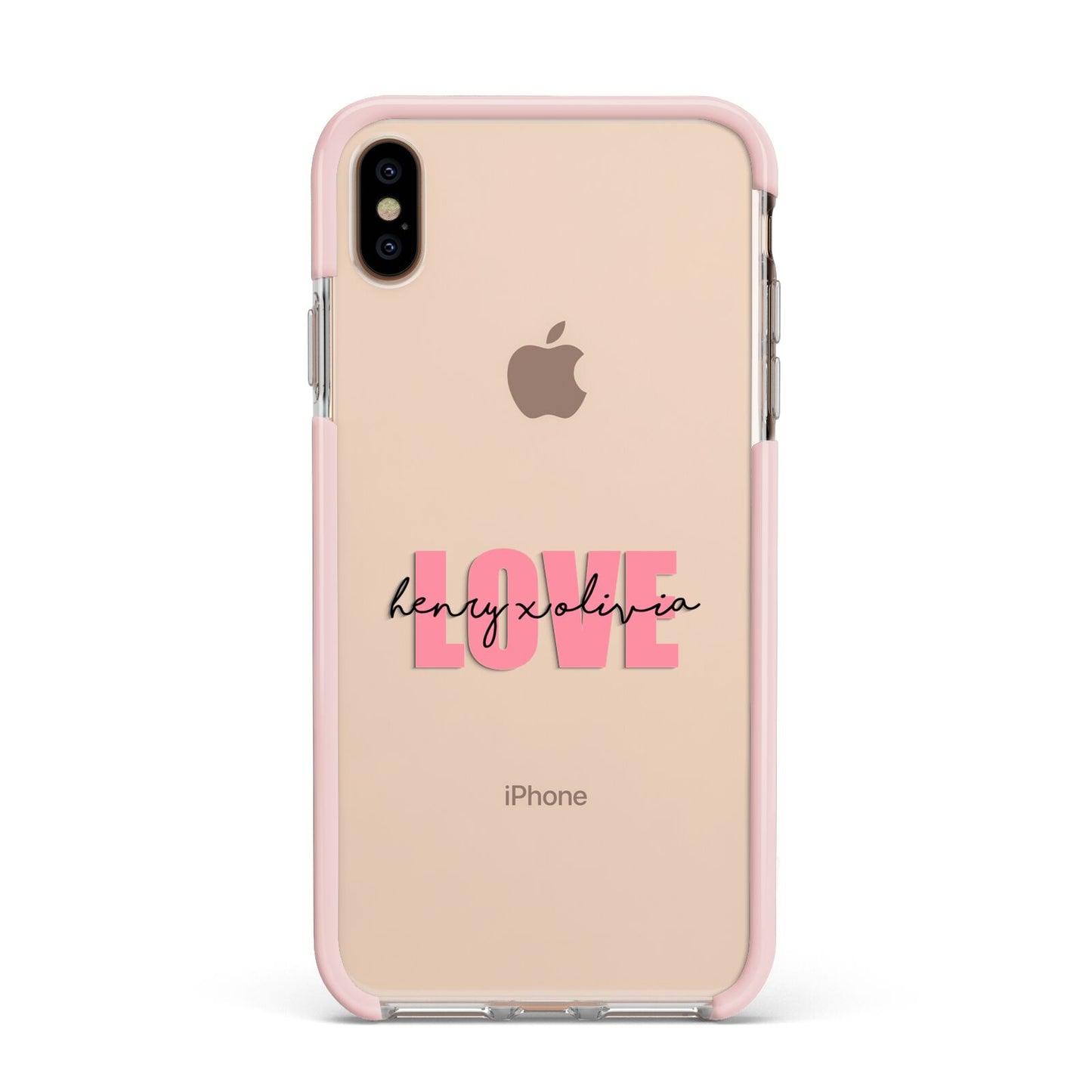 Couples Personalised Love Apple iPhone Xs Max Impact Case Pink Edge on Gold Phone