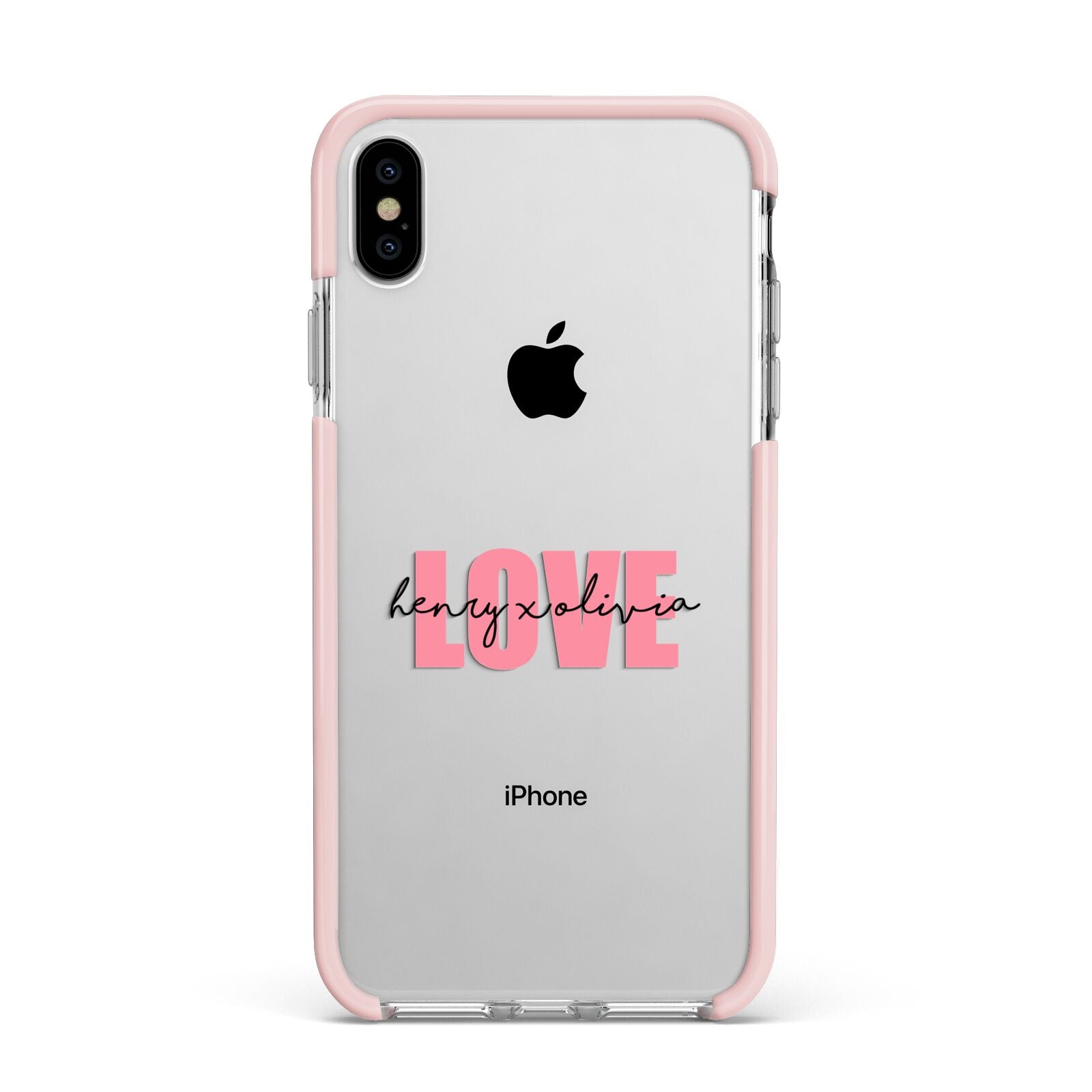 Couples Personalised Love Apple iPhone Xs Max Impact Case Pink Edge on Silver Phone